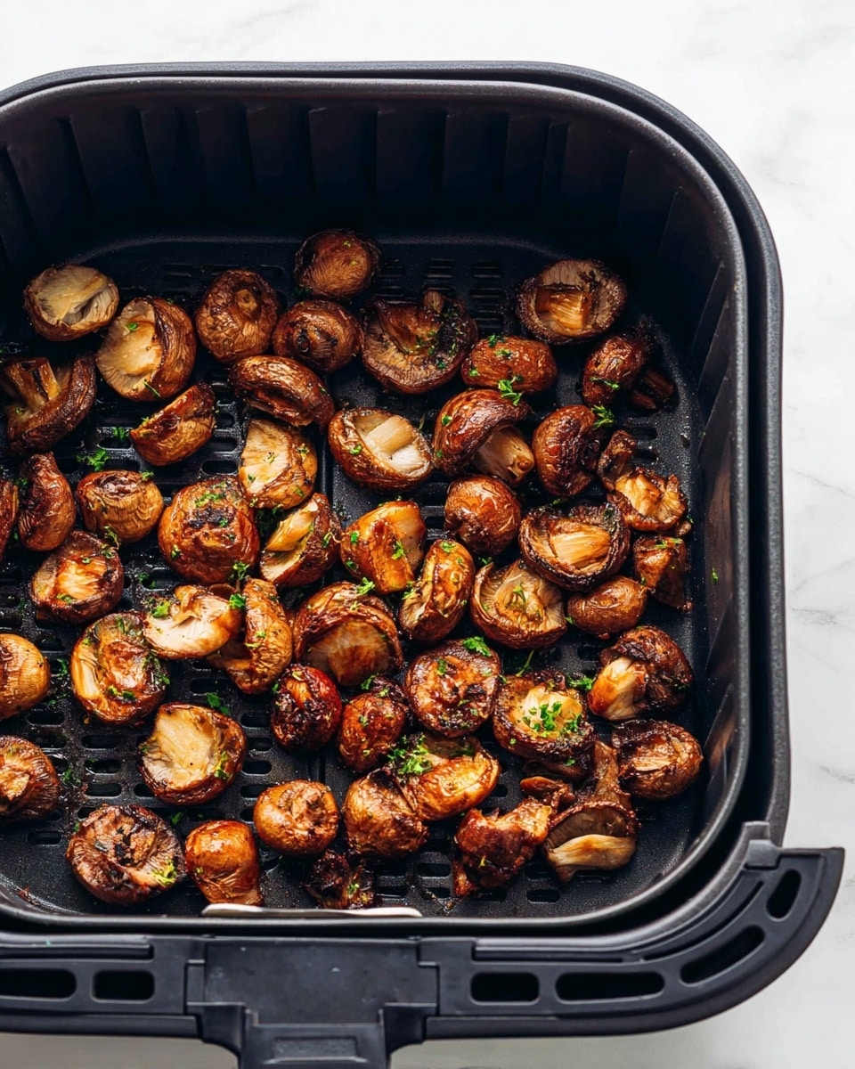 Inside a black air fryer basket, there are many small, browned mushroom pieces, some halved and others quartered. The mushrooms have a golden to dark brown color with a slightly crispy texture on the edges, and they are sprinkled lightly with small green herb bits. The basket has a grid-like pattern on the bottom and sides. The background surface is a white marbled texture. photo taken with an iphone --ar 4:5 --v 7