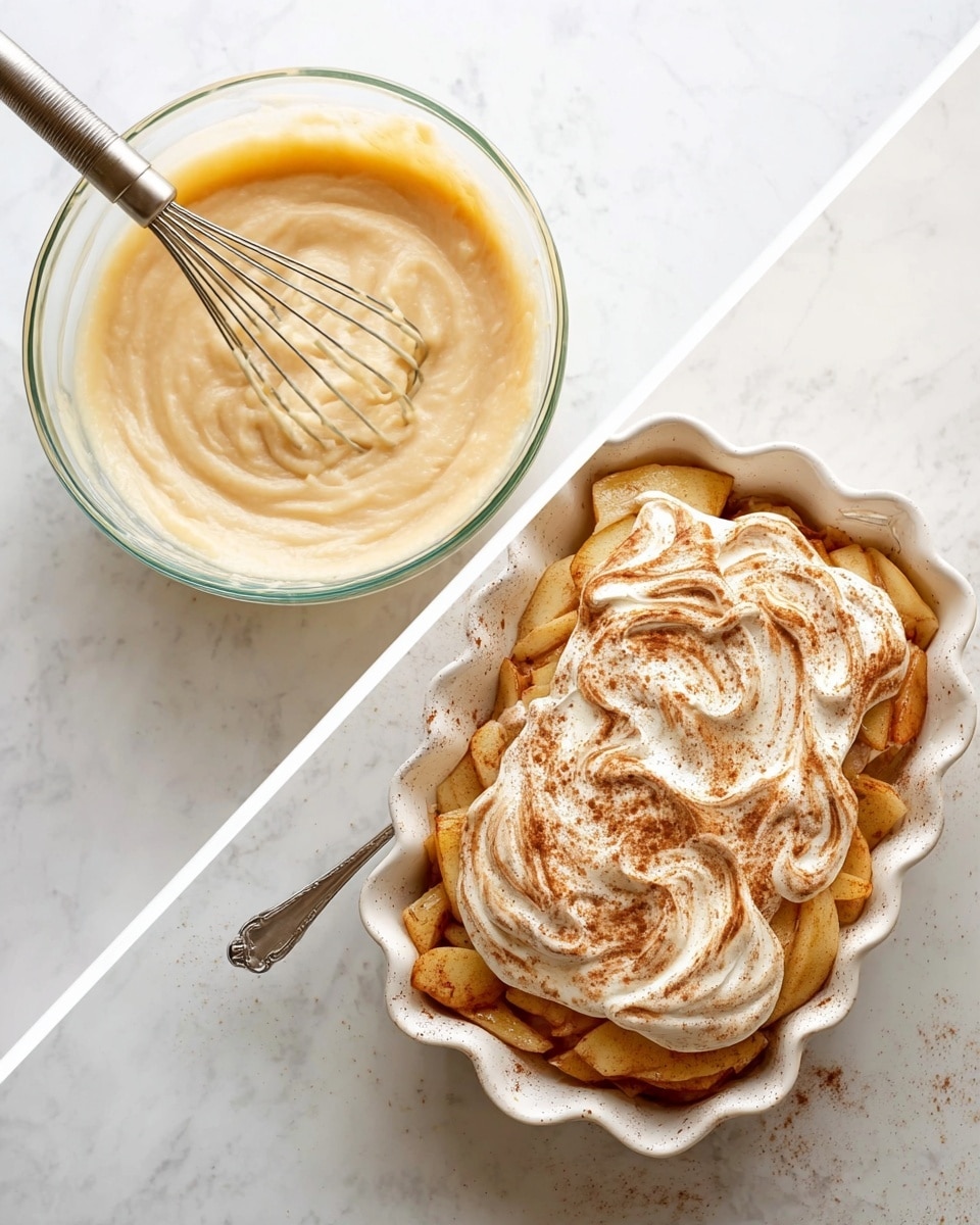 The image shows two parts: on the left side, a clear glass bowl contains a creamy, smooth mixture in a light beige color with a metal whisk resting inside, sitting on a white marbled surface. On the right side, there is a white scalloped baking dish filled with layered cooked apple slices at the bottom, topped generously with a fluffy, lightly browned cream topping swirled with a dusting of cinnamon or similar spice. A spoon rests on the right edge of the baking dish, and the dish is also placed on the white marbled surface. Photo taken with an iphone --ar 4:5 --v 7