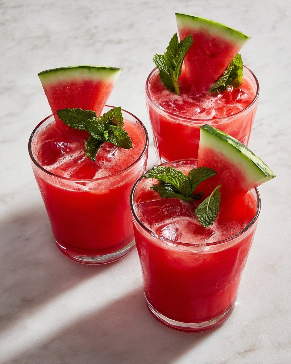 Three clear glasses each hold a bright red watermelon drink with visible ice cubes floating near the top layer. Each glass is garnished with a triangular slice of watermelon placed on the rim, showing green rind and red flesh with a few watery seeds. On top of the drink, fresh green mint leaves add a pop of color and texture. The glasses sit on a white marbled surface, catching natural light that highlights the refreshing look of the drinks. Photo taken with an iphone --ar 4:5 --v 7