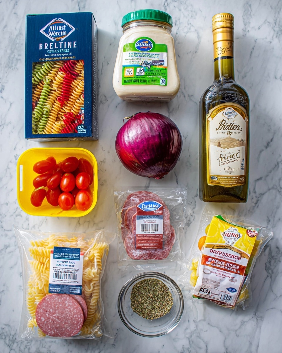 The image shows a flat lay of various cooking ingredients arranged neatly on a white marbled surface. At the top left, there is a dark blue box of tri-color rotini pasta with red, green, and orange spiral shapes illustrated. Next to it is a jar of creamy white Hellmann's Olive Oil Mayonnaise Dressing with a green lid and label. To the right is a tall glass bottle of Pastene Red Wine Vinegar with a gold cap and a bright yellow label. Below the pasta box, a whole purple-red onion rests beside a yellow plastic tub containing small red cherry tomatoes under a clear lid. On the bottom left, there is a clear plastic pack of sliced uncured Genoa salami, followed by a clear pack of oven-roasted turkey breast slices with a green and white label. Next to that is a clear pack of pale yellow provolone cheese slices. At the far right bottom, there is a glass jar of bright yellow mild banana pepper rings with a red lid and label. A small clear glass bowl containing dried herbs and spices is also visible near the vinegar bottle. The photo taken with an iphone --ar 4:5 --v 7