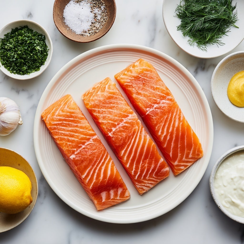 Three raw salmon fillets with bright orange color and visible white fat lines lie side by side on a white plate with gentle ridges along the edge, placed on a white marbled surface. Around the plate, six small white bowls and one small brown bowl hold ingredients: a bowl with salt and pepper, a bowl with a single garlic clove, a bowl with chopped fresh green dill, a bowl with yellow mustard, a small whole lemon, and a bowl with white Greek yogurt. Each bowl is neatly arranged with clear separation, showing simple textures like the smooth yogurt and creamy mustard. The photo taken with an iphone --ar 4:5 --v 7