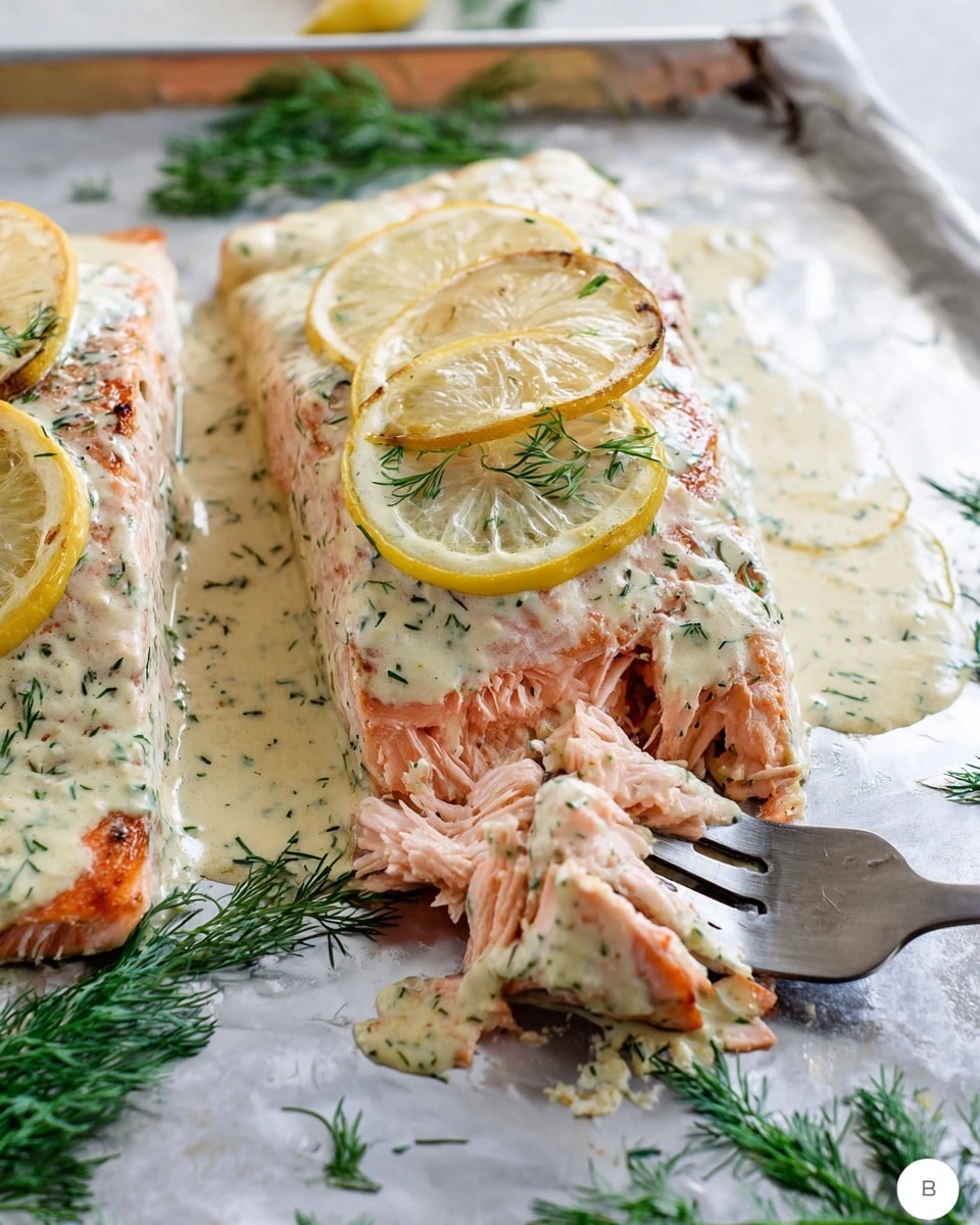 The image shows two pieces of cooked salmon on a silver baking tray with a white marbled texture underneath. The salmon is covered in a creamy, light beige sauce with green dill sprinkled on top, creating a textured layer. On the top and sides of the salmon, there are thin, slightly browned lemon slices adding a bright yellow and light brown color contrast. A silver fork is pulling apart the front slice, showing the flaky, soft pink interior of the fish. Fresh dill sprigs are scattered around the tray for garnish. The scene is clear and bright with soft lighting. Photo taken with an iphone --ar 4:5 --v 7