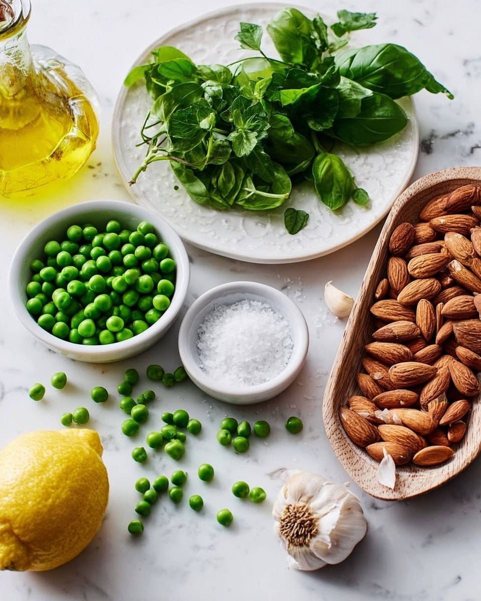 This image shows a white marbled surface with small white bowls and plates arranged on it. In the lower left, there is one white bowl filled with bright green peas, some peas spilled outside. In front of the bowl, there is half a squeezed yellow lemon with a rough texture. Next to the lemon, a small white bowl contains coarse white salt. To the right, an oval wooden bowl holds many smooth brown almonds, and a few almonds are on the surface nearby. Towards the center back, a white round plate holds fresh green herbs including basil and parsley with vibrant leaves and stems. On the right side, a bulb of white garlic with cloves partly exposed lies on the surface. At the top left, there is a glass jar with yellow olive oil visible inside. The whole setup is bright and clean with fresh colors and natural textures, photo taken with an iphone --ar 4:5 --v 7
