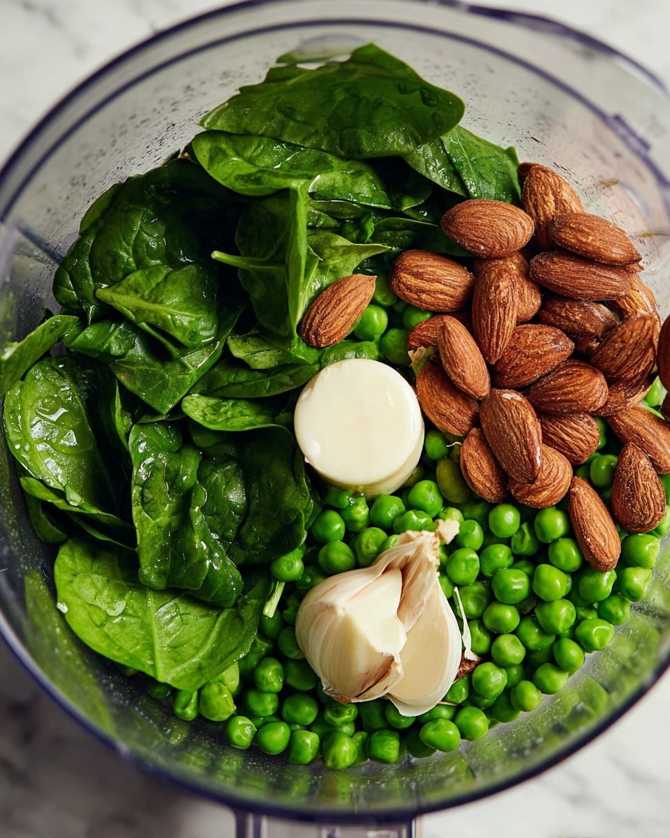 Inside a clear food processor bowl, there is a layer of bright green peas at the bottom, topped with fresh, dark green spinach leaves with a wet, shiny texture. Scattered on top are whole almonds with a warm brown color and a rough texture. At the front, a peeled white garlic clove rests among the spinach leaves. The whole dish is on a white marbled surface. photo taken with an iphone --ar 4:5 --v 7