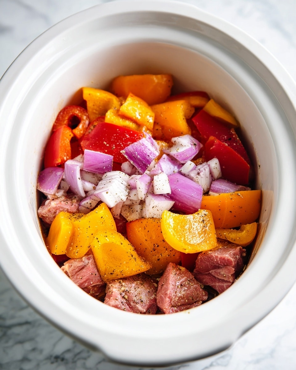 Inside a white slow cooker, the bottom layer holds chunks of light pink meat sprinkled with black pepper, topped with thick pieces of orange and red bell peppers that form the middle layer. Above and to one side rests a layer of coarsely chopped purple onion with white inner parts, also lightly dusted with black pepper. The surface under the slow cooker is a white marbled texture. photo taken with an iphone --ar 4:5 --v 7