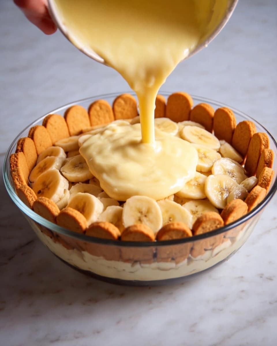 The image shows a clear glass bowl with three layers inside, placed on a white marbled surface. The bottom layer is made of round golden-brown cookie pieces arranged upright around the edge of the bowl. The middle layer is made of round banana slices covering the entire bottom evenly with a light yellow color and soft texture. The top layer is a thick smooth and creamy light yellow mixture being poured into the bowl, covering the banana slices. A woman’s hand holding the pouring container is partly visible at the top left. Photo taken with an iphone --ar 4:5 --v 7