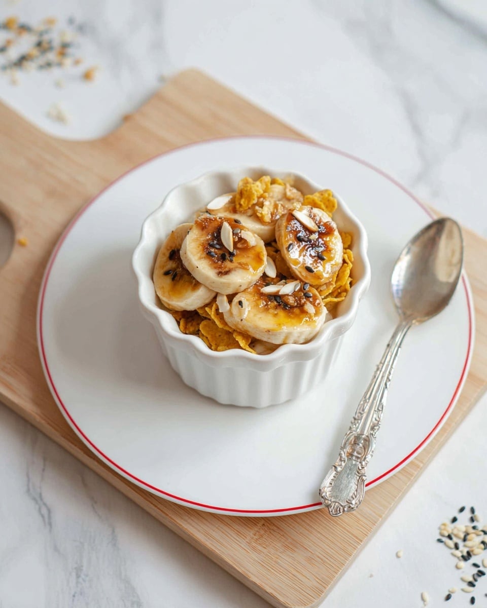 A small white scalloped bowl holds a layered dish starting with a base of golden-yellow cornflakes, topped with slices of browned cooked bananas scattered with small white seeds and thin light brown nuts. The bowl is placed on a white plate with a thin red circle near the rim, and a silver ornate spoon rests on the plate’s right side. The setting sits on a light wooden board over a white marbled surface. Some tiny black and white seeds are scattered on the surface near the plate. photo taken with an iphone --ar 4:5 --v 7