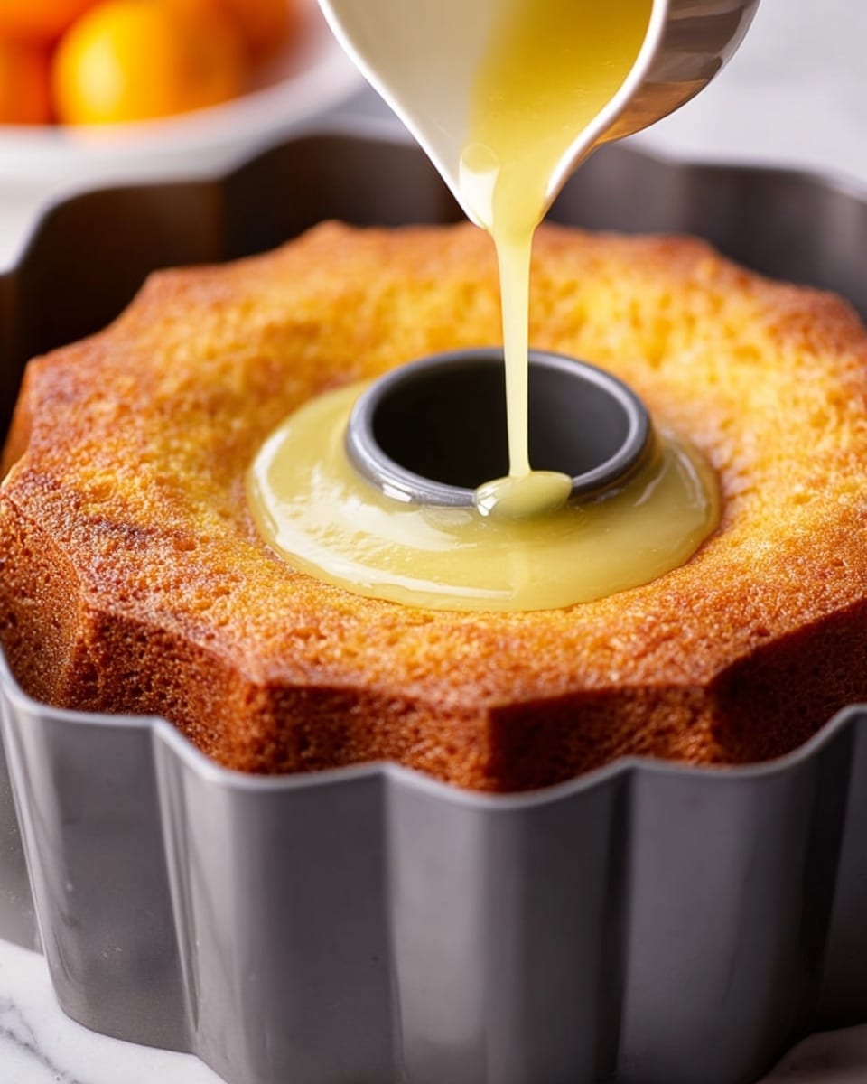 A golden brown Bundt cake with a slightly rough texture sits inside a dark gray Bundt pan with a scalloped edge and central hollow tube. A pale yellow sauce with a smooth texture is being poured from a white cup onto the center of the cake, spreading slowly over its surface. The background shows a blurred white bowl with orange fruits on a white marbled surface. The photo is taken close-up, highlighting the moist cake and flowing sauce. photo taken with an iphone --ar 4:5 --v 7
