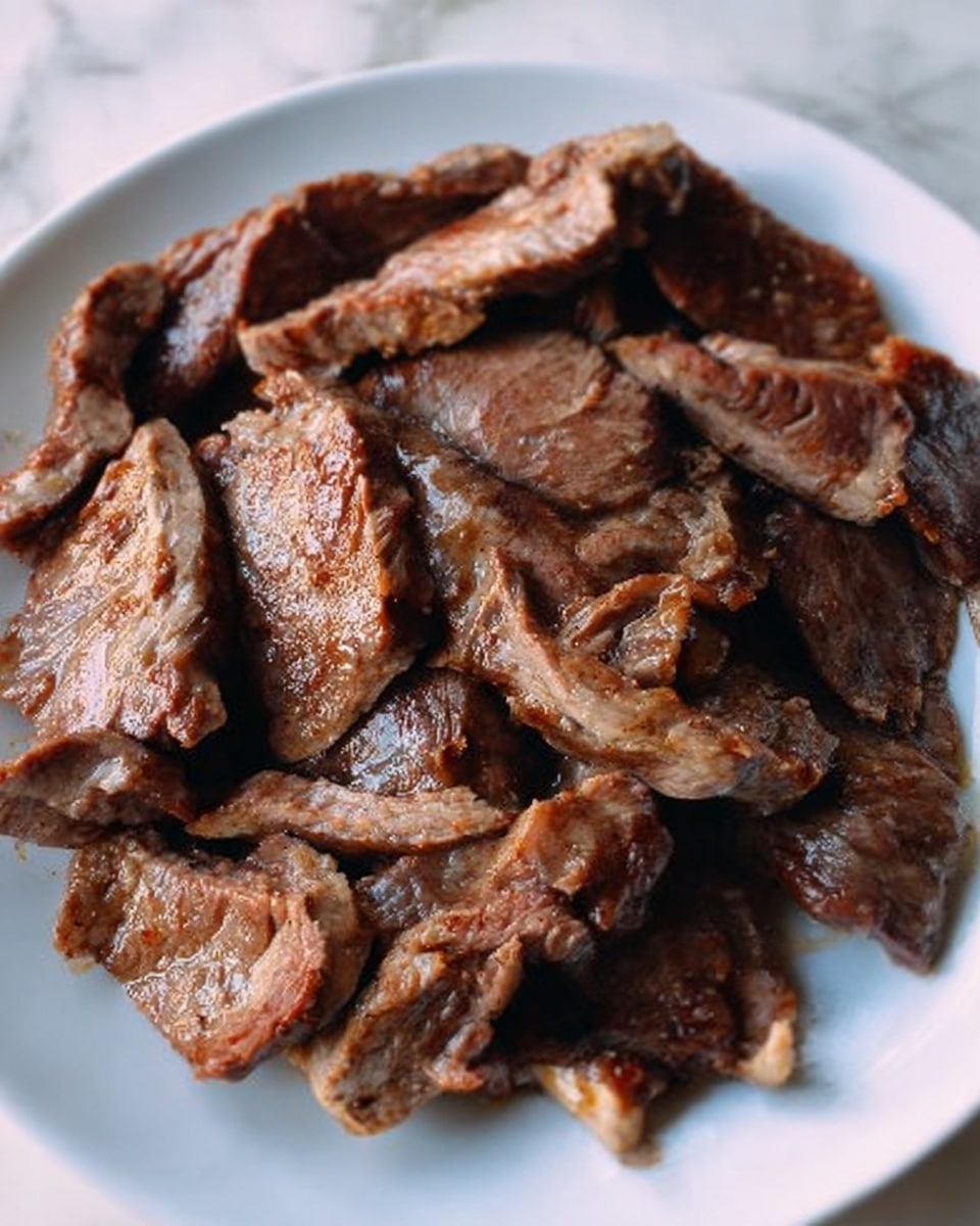 A white plate filled with many slices of cooked beef, each slice showing a slightly browned surface with a shiny, moist texture. The meat pieces vary in size and shape, overlapping each other to form a layered pile. The background is a white marbled surface. photo taken with an iphone --ar 4:5 --v 7