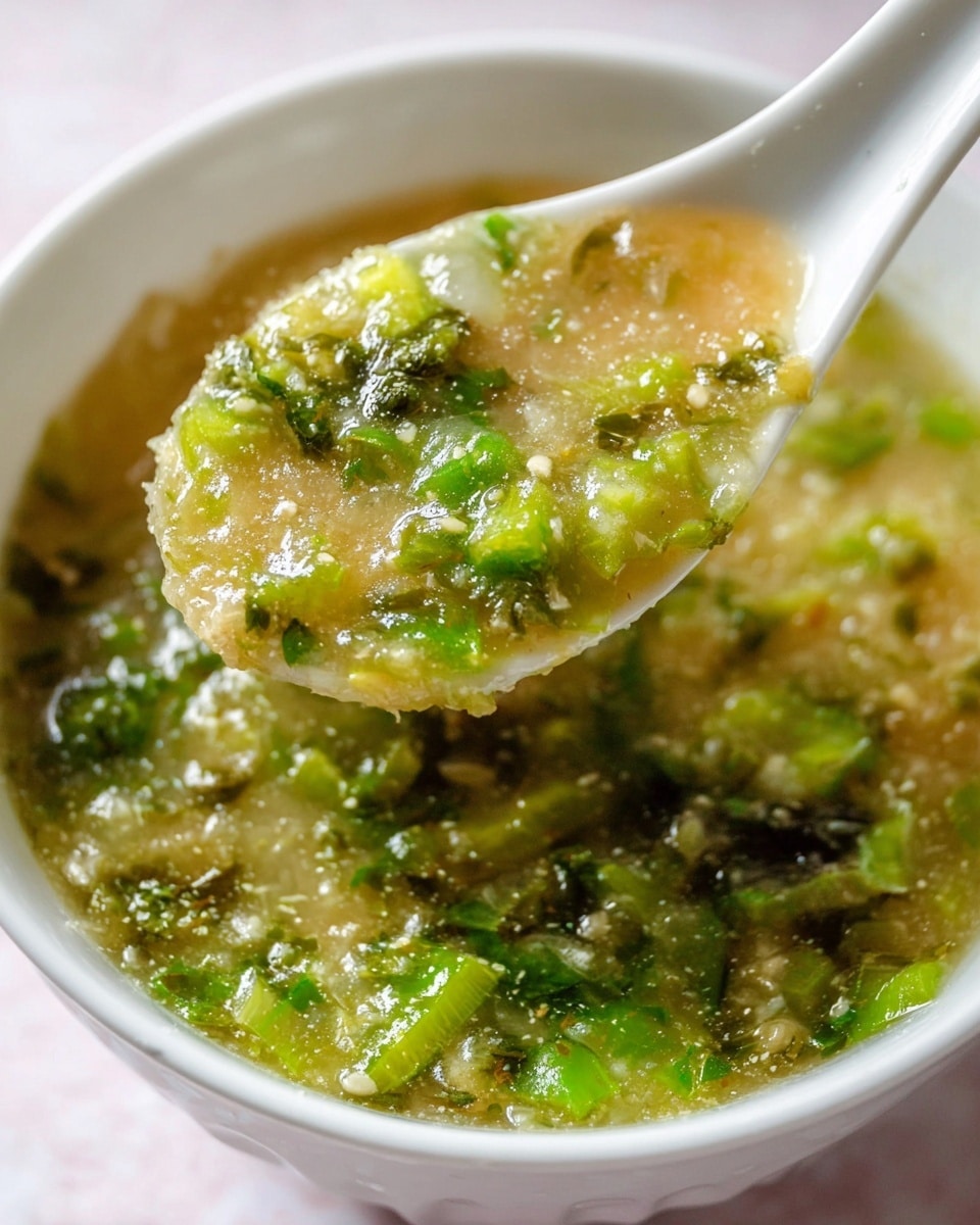 A white bowl filled with a thick, chunky soup that has a beige base mixed with bright green pieces of chopped vegetables floating throughout. A white spoon lifts some of the soup, showing its slightly lumpy, wet texture with bits of green vegetables and glistening broth. The bowl is placed on a white marbled surface, with a soft focus on the background keeping attention on the soup’s rich texture and green highlights. The overall look is fresh and hearty, promising warm flavors. photo taken with an iphone --ar 4:5 --v 7