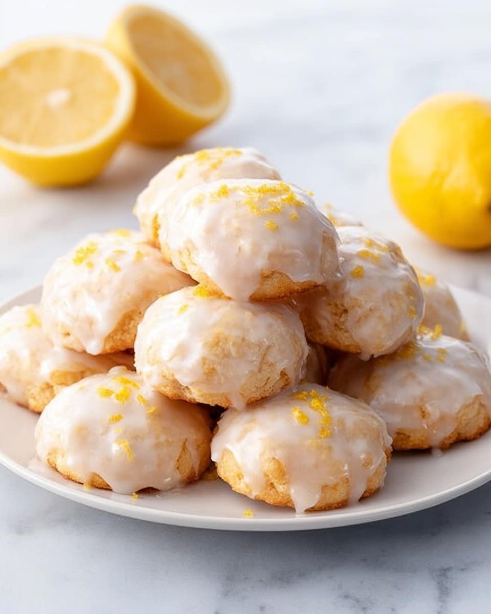 The image shows several round lemon cookies with a pale beige base, each fully covered with a smooth, glossy white glaze that slightly drips down the sides. Small pieces of yellow lemon zest are sprinkled on top of the glaze, adding a bright contrast. The cookies are arranged on crinkled white paper that rests on a white marbled surface. Small wedges of fresh yellow lemon are placed around the cookies, enhancing the fresh and citrus look. The overall scene is bright and soft, with a clean and fresh feel. photo taken with an iphone --ar 4:5 --v 7