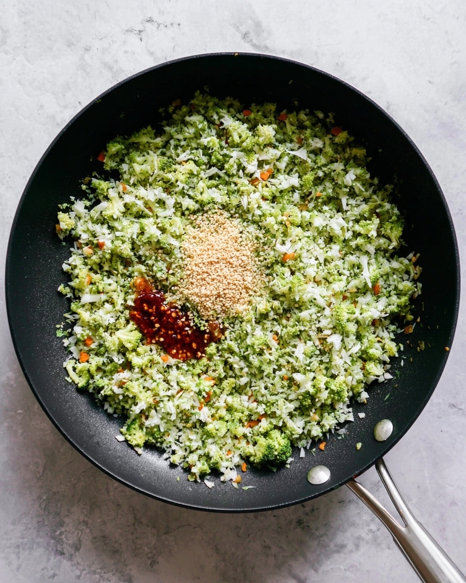 A black frying pan with a silver handle is filled with a large amount of finely chopped green and white mixture, likely cauliflower and broccoli rice, covering almost the entire pan. Near the center, there is a small pile of light brown crushed nuts or seeds and a dollop of reddish sauce on the left side of the pile. Underneath the chopped mixture, some small bits of orange, green, and white vegetables peek out from the edges. The pan is placed on a white marbled surface. photo taken with an iphone --ar 4:5 --v 7