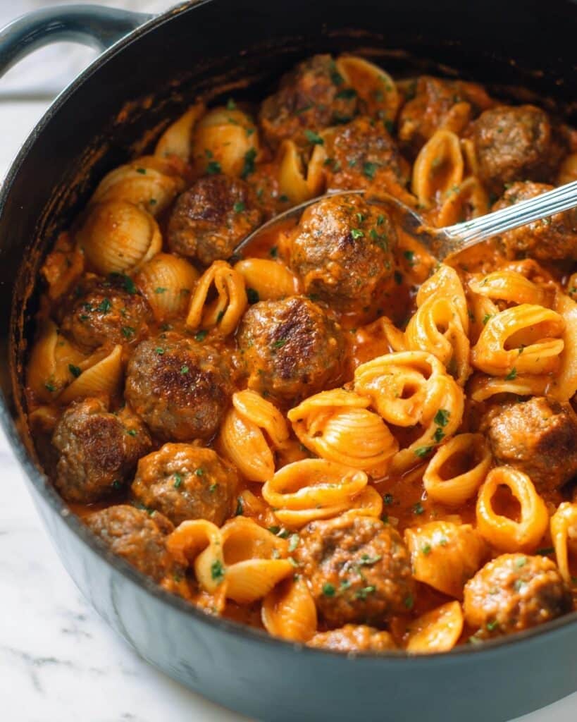 One-Pot Meatball Pasta with Tomato Sauce and Mozzarella Recipe