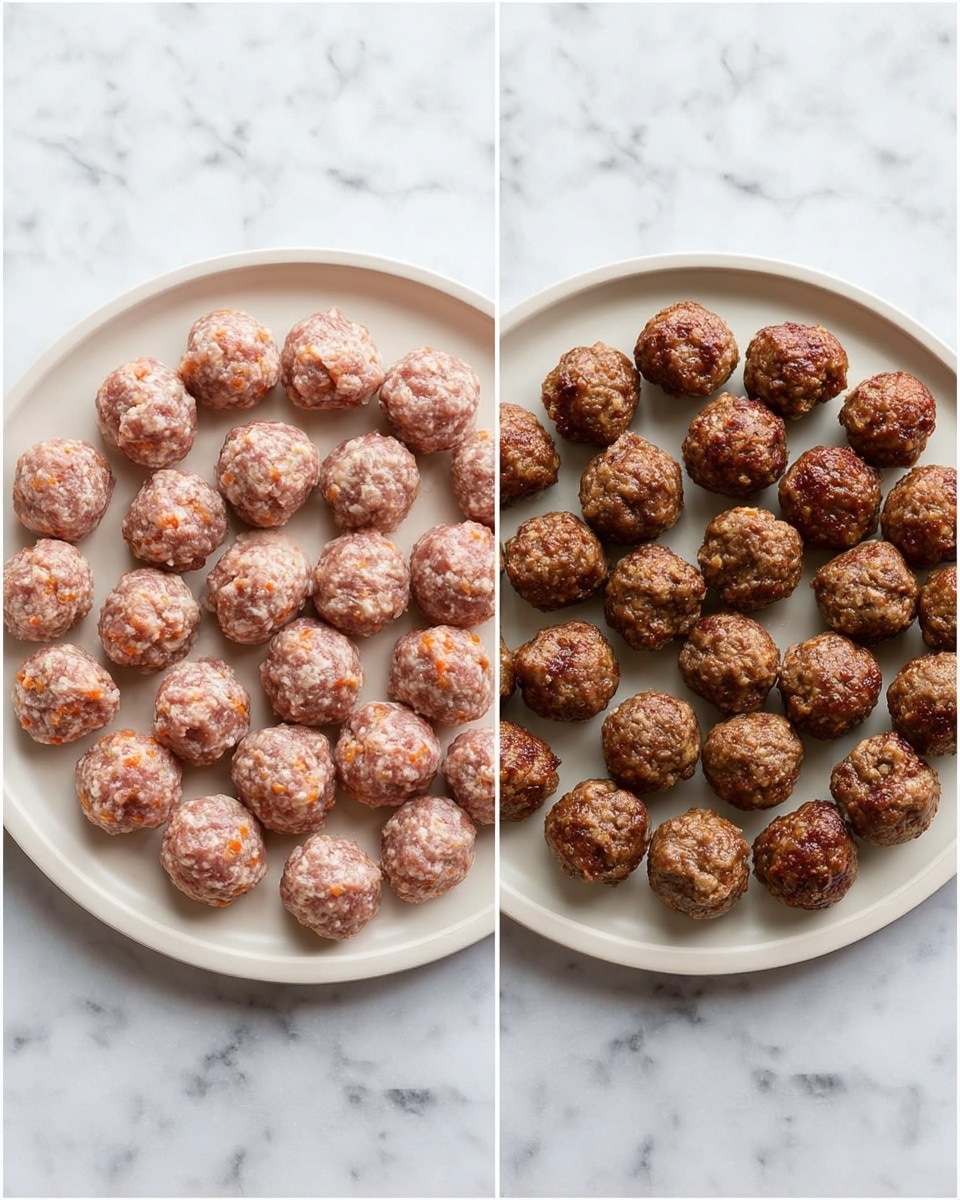 The image shows two round plates placed side by side on a white marbled surface. The left plate is white, filled with many raw meatballs arranged closely in a circular pattern, each meatball having a pinkish color with some small white and orange bits visible, giving a textured look. The right plate is also white, holding cooked meatballs arranged in the same circular pattern, now brown with a slightly glossy finish and a textured surface indicating they are cooked. Photo taken with an iphone --ar 4:5 --v 7