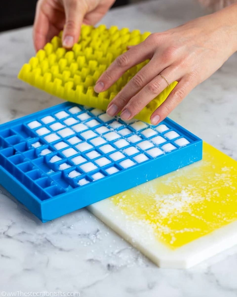 The image shows a close-up of two woman's hands working with blue and yellow silicone molds on a white marbled surface. The blue mold is rectangular with many small square compartments filled with a white liquid, while one woman's hand lifts a bright yellow textured silicone cover from the blue mold. The surface underneath has some spilled white liquid. A yellow cutting board is partly visible in the background. photo taken with an iphone --ar 4:5 --v 7
