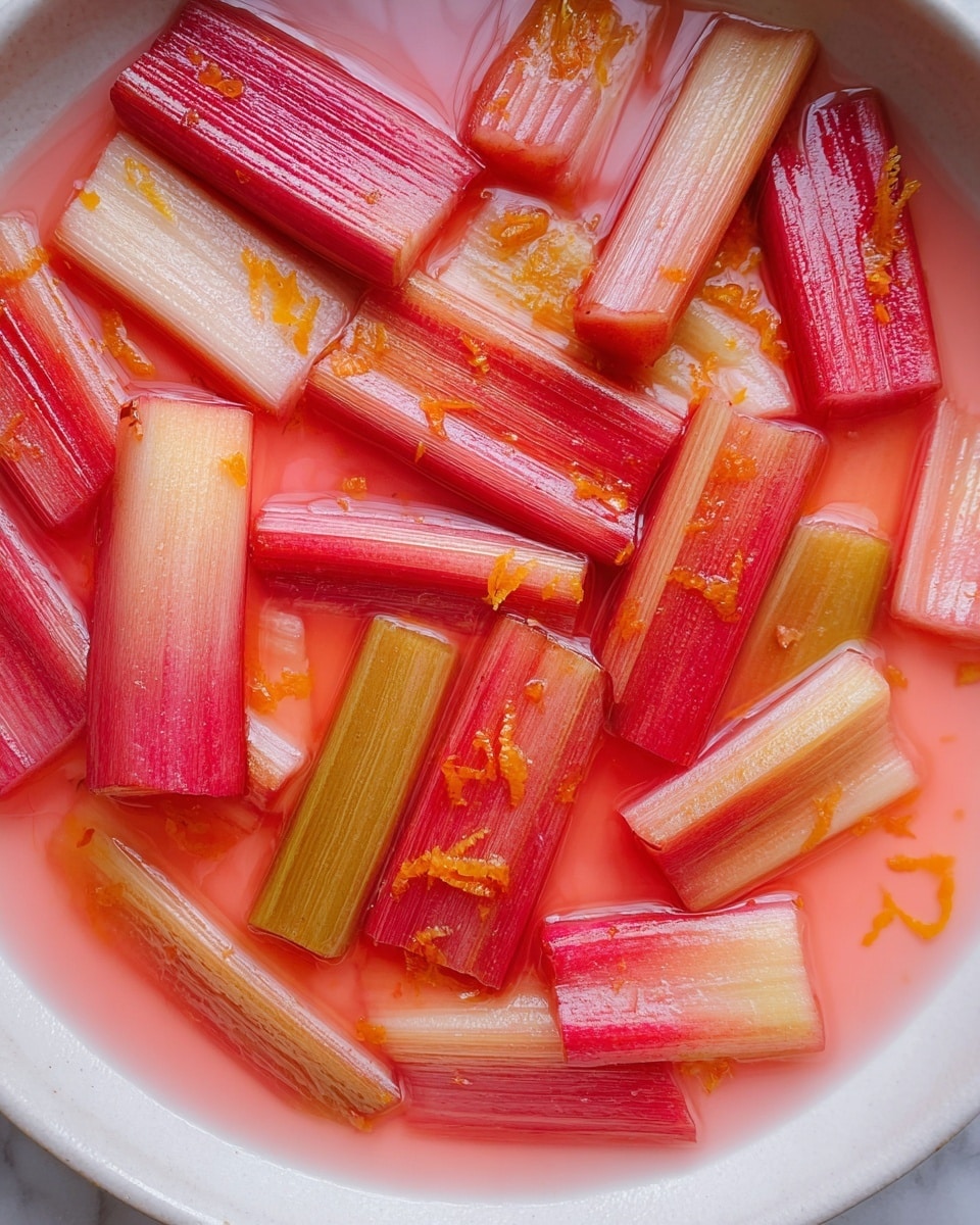 The image shows five long rhubarb stalks with green leaves at the top, laid out diagonally on a wood cutting board with light to medium brown tones and a checkered pattern. To the right of the stalks is a whole bright orange with a smooth texture, and below the orange is a small white bowl filled with granulated white sugar. The colors range from reddish-pink of the rhubarb to the vibrant orange and the clean white of the bowl, all set on the brown wood background. photo taken with an iphone --ar 4:5 --v 7