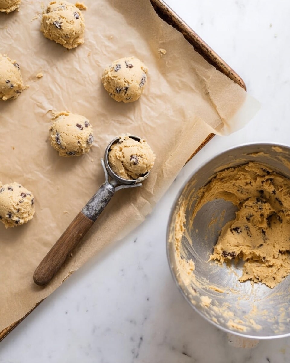 The image shows a metal baking tray with crumpled brown parchment paper holding twelve evenly spaced scoops of light brown cookie dough with small dark spots, placed on a white marbled surface. To the side of the tray, an old-fashioned metal ice cream scooper with a wooden handle holds one scoop of the dough. In the foreground, a large metal mixing bowl contains more cookie dough with a sticky texture and scattered dark bits, some dough clinging to the bowl sides. The scene is softly lit and focuses on the baking preparation process. photo taken with an iphone --ar 4:5 --v 7