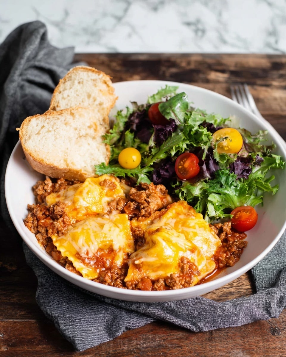 A white bowl contains three sections: a serving of ravioli layered with a meat sauce mixed with ground meat and tomato, topped generously with melted yellow and white cheese, creating a rich, gooey texture; a fresh salad with green and purple leafy greens mixed with red and yellow cherry tomatoes, giving a vibrant contrast; and two thick slices of bread positioned upright on the side. The bowl is placed on a dark wooden surface with a gray cloth nearby, but the background appears as white marbled texture. photo taken with an iphone --ar 4:5 --v 7
