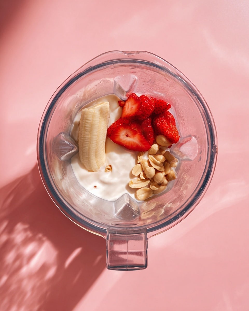A clear blender jar is shown from above, filled with several layers of ingredients. At the bottom, there is a layer of creamy white yogurt or milk, slightly swirled. On top of that, a chunk of light yellow banana lies horizontally. Above the banana, there is a small pile of light beige peanuts clustered to one side. Lastly, bright red strawberries sliced in halves sit on the top, adding a fresh look. The blender rests on a pink surface with soft lighting casting faint shadows. photo taken with an iphone --ar 4:5 --v 7