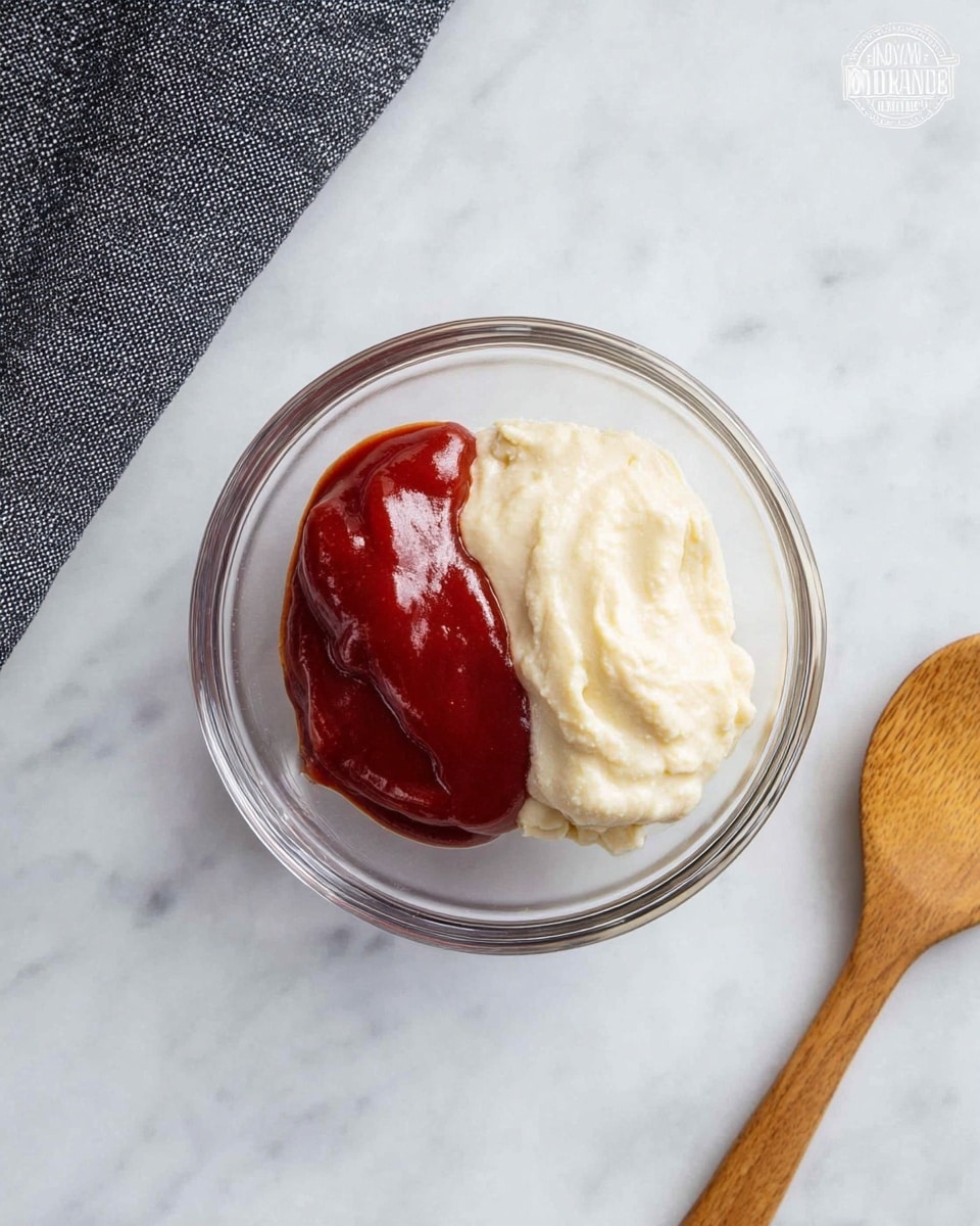 A clear glass bowl sits on a white marbled surface, holding two dollops side by side. The left side has a thick, smooth, deep red sauce with a shiny texture, while the right side contains a creamy, slightly lumpy, off-white mixture. To the right of the bowl, there is a wooden spoon with a smooth round head resting on the surface, and in the top left corner, a part of a dark gray fabric with a woven look is visible. The overall scene looks clean and simple. photo taken with an iphone --ar 4:5 --v 7