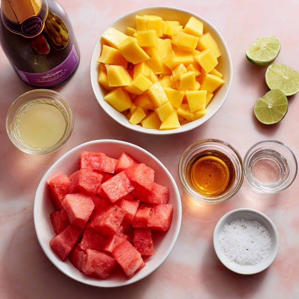 The image shows two white bowls on a white marbled surface; the top bowl is filled with bright yellow frozen peach slices, and the bottom bowl has red watermelon cubes with some white seeds. To the right of the bowls are three small clear glass containers: the top one holds light yellow lime juice, the middle one has amber-colored agave syrup, and a small white dish contains white salt. There are also lime slices near the top right corner. On the left side, there is a dark bottle of prosecco with a purple label, and below it, a small clear glass with a pale liquid, labeled tequila. The colors are bright and fresh, with a soft pink background under the surface. photo taken with an iphone --ar 4:5 --v 7
