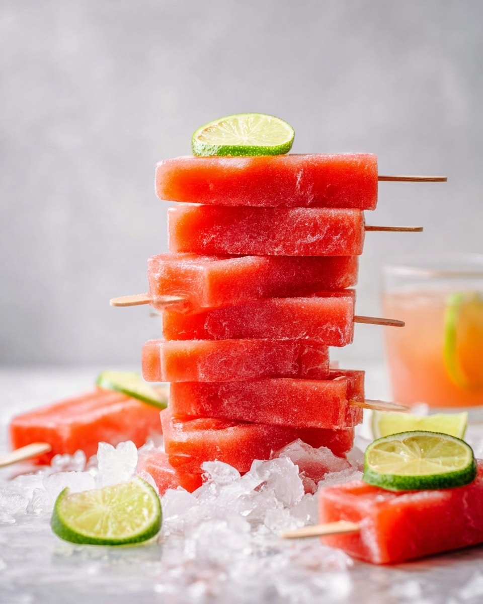 There is a tall stack of eight bright red-orange popsicles, each with a wooden stick, arranged unevenly on a bed of crushed ice. The popsicles have a slightly frosty texture and are stacked vertically, with two green lime wedges placed on top and near the bottom of the stack. More lime wedges and popsicles lie scattered in the crushed ice around the base. In the background, there is a clear glass filled with a yellow-orange drink and a popsicle inside. The whole scene is set on a white marbled surface with a soft, blurred light gray background. Photo taken with an iphone --ar 4:5 --v 7