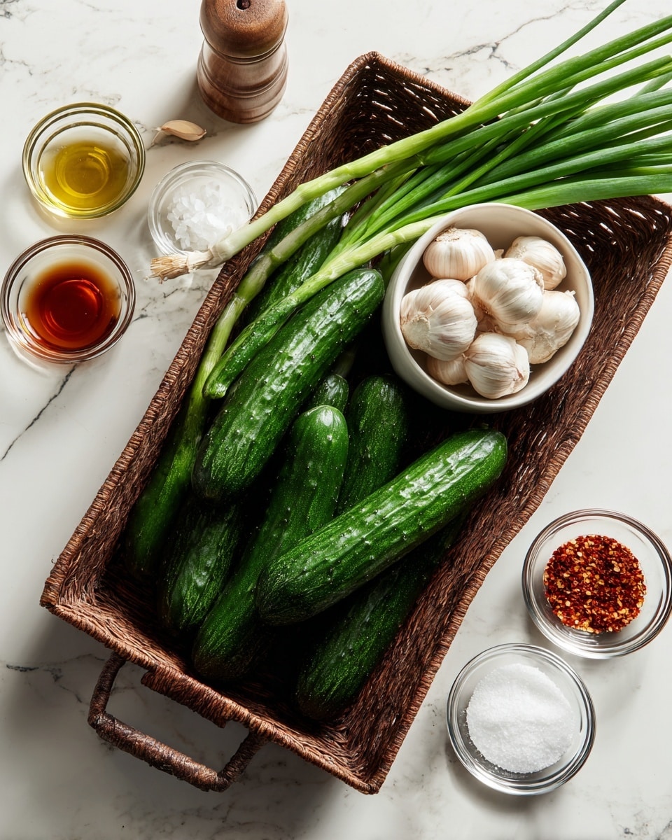 A rectangular brown woven basket filled with fresh green scallions resting on top of several dark green cucumbers with a smooth texture is placed on a white marbled surface. Inside the basket, there is a small white bowl holding two garlic bulbs with paper-like outer layers partially peeled off. Around the basket on the marbled surface are small clear glass bowls containing red chili flakes, amber-colored sesame oil, white rice wine vinegar, white salt, and white sugar, all neatly arranged with soft lighting highlighting their contents. Photo taken with an iphone --ar 4:5 --v 7