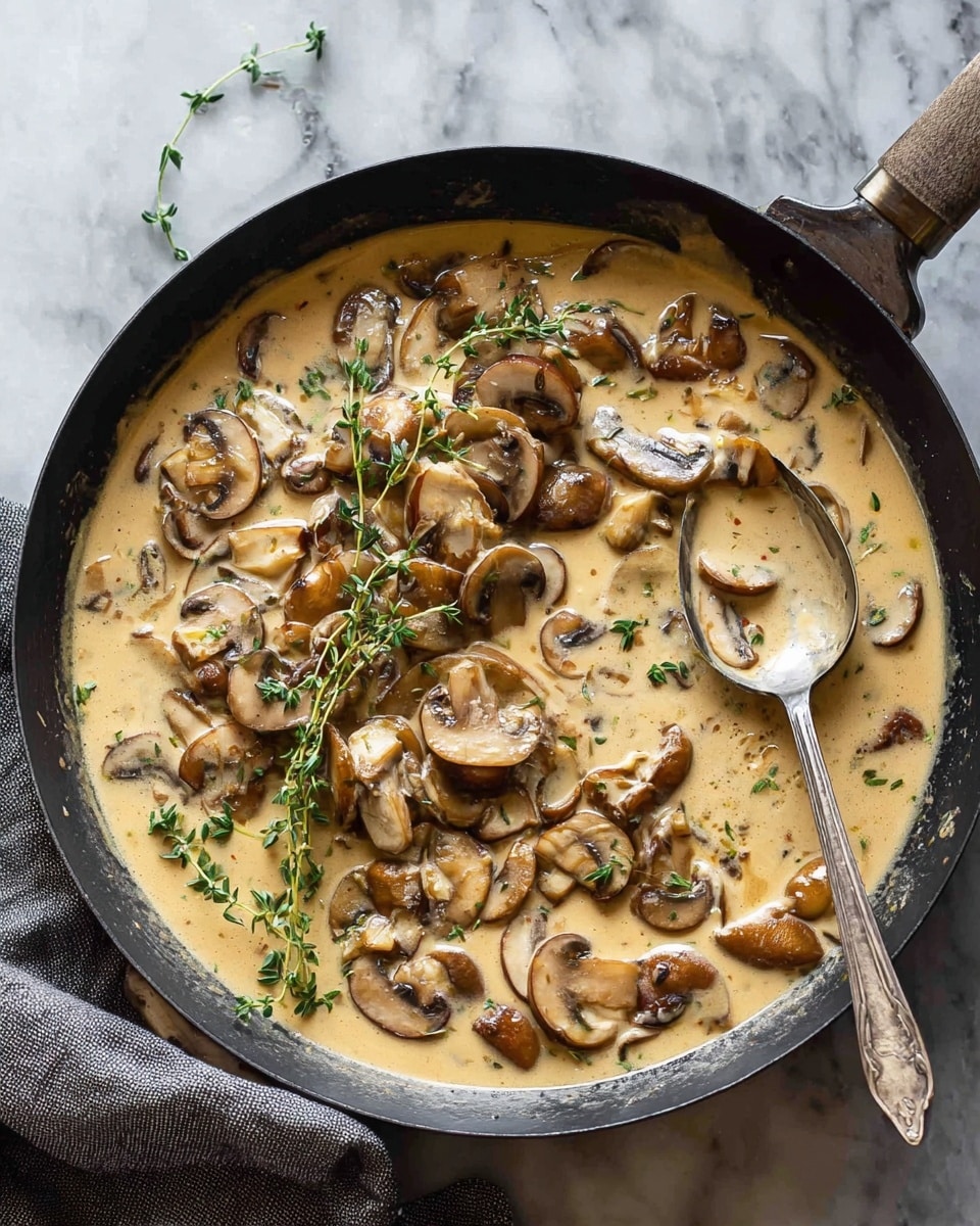 A black pan filled with a creamy light brown sauce full of sautéed mushroom slices in different shades of beige and light brown, some pieces browned and stacked slightly in the center. Fresh green sprigs of thyme rest on top as garnish. A silver spoon is partially dipped into the sauce, resting on the side of the pan. The background shows a white marbled surface with a gray cloth nearby. Photo taken with an iphone --ar 4:5 --v 7