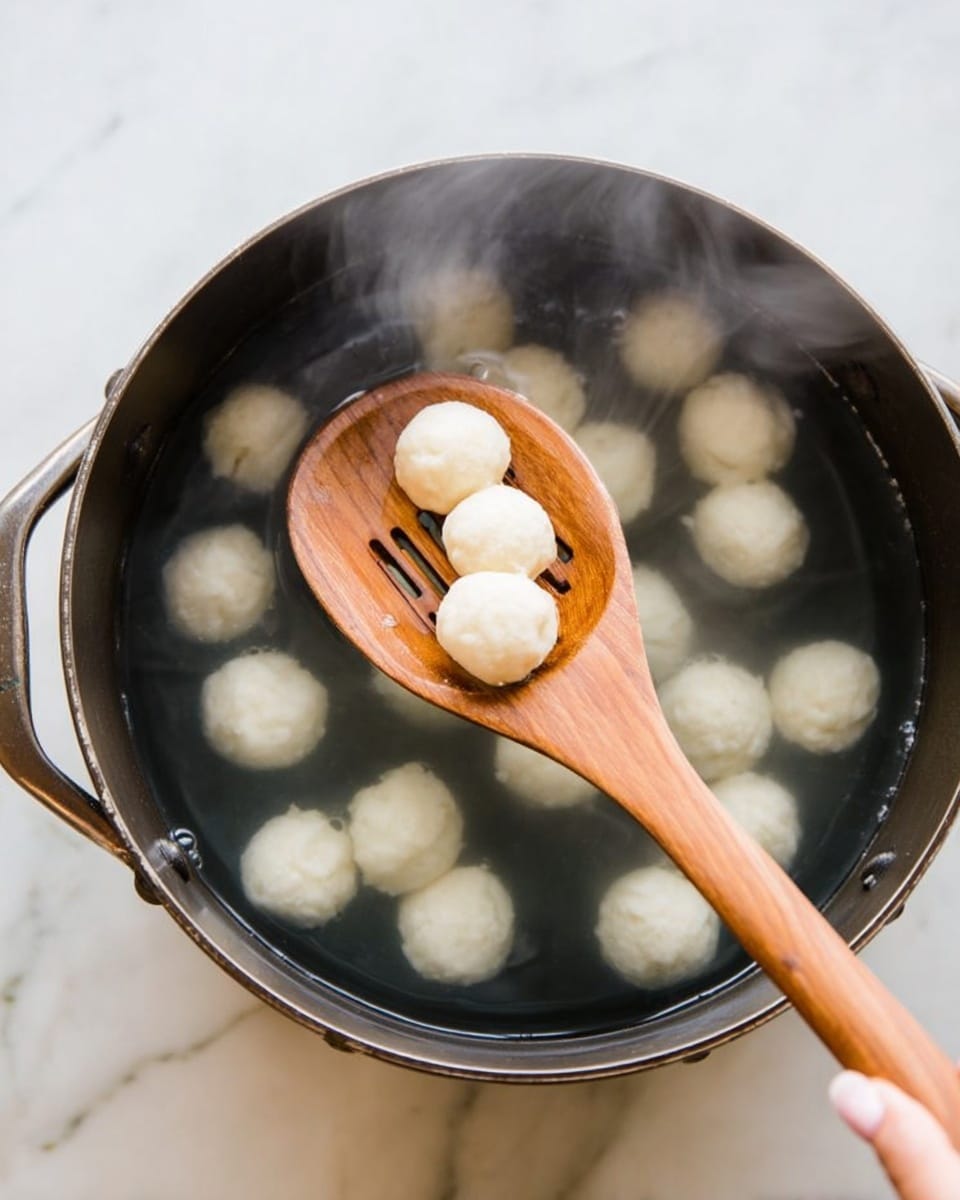 The image shows a black pot filled with water and small, round white dough balls floating and boiling inside. In the center, a wooden slotted spoon holds three of these dough balls above the water, showing their smooth and soft texture. A woman's hand is gently holding the wooden spoon. The pot is placed on a white marbled surface. Steam rises from the pot, giving a warm and fresh cooking feel. photo taken with an iphone --ar 4:5 --v 7