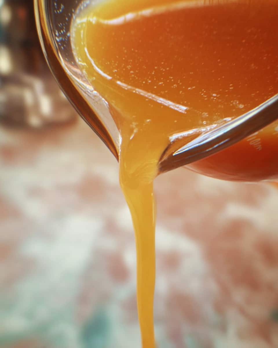 A glass measuring cup is tilted, pouring a thick, bright orange liquid downwards. The liquid has a smooth and slightly shiny texture as it flows in a steady stream. The background is softly blurred, with faint metallic shapes and warm tones, while the surface below has a subtle white marbled texture. Photo taken with an iphone --ar 4:5 --v 7