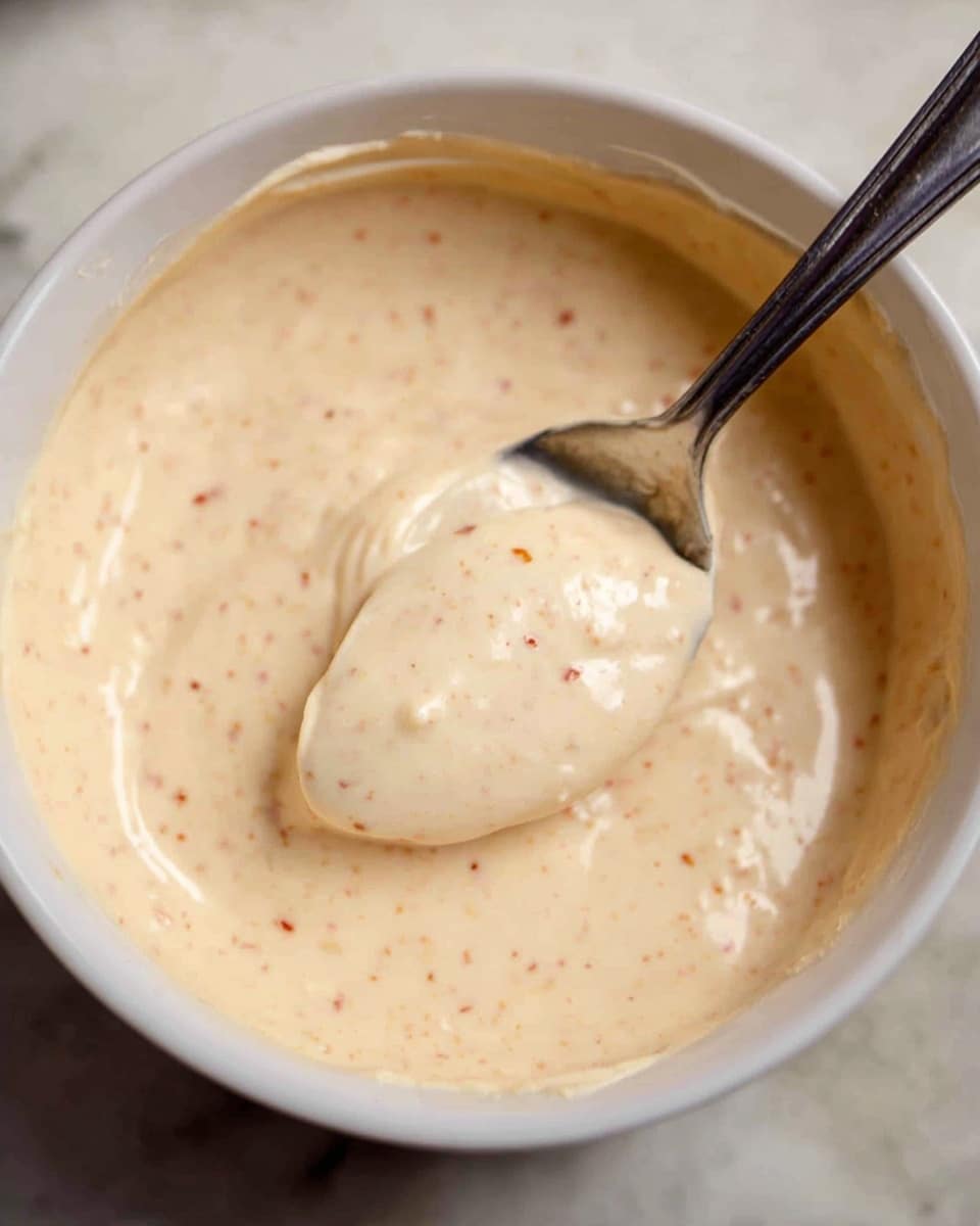 A close-up view inside a white bowl filled with a smooth, creamy light beige sauce that has tiny reddish specks throughout. A metal spoon with a long handle is dipped into the sauce, slightly lifting some of it, showing the thick and soft texture. The bowl sits on a white marbled surface. photo taken with an iphone --ar 4:5 --v 7