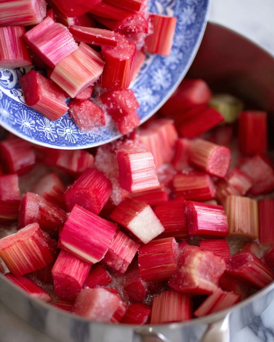 The image shows many small pieces of bright pink and red rhubarb being poured from a blue and white patterned plate into a metal pot. The rhubarb pieces are thick and have a slightly ribbed texture, with some showing a lighter pink inside. The metal pot has a smooth, shiny surface, and inside it, some granulated sugar is visible at the bottom. The background is a white marbled texture. photo taken with an iphone --ar 4:5 --v 7