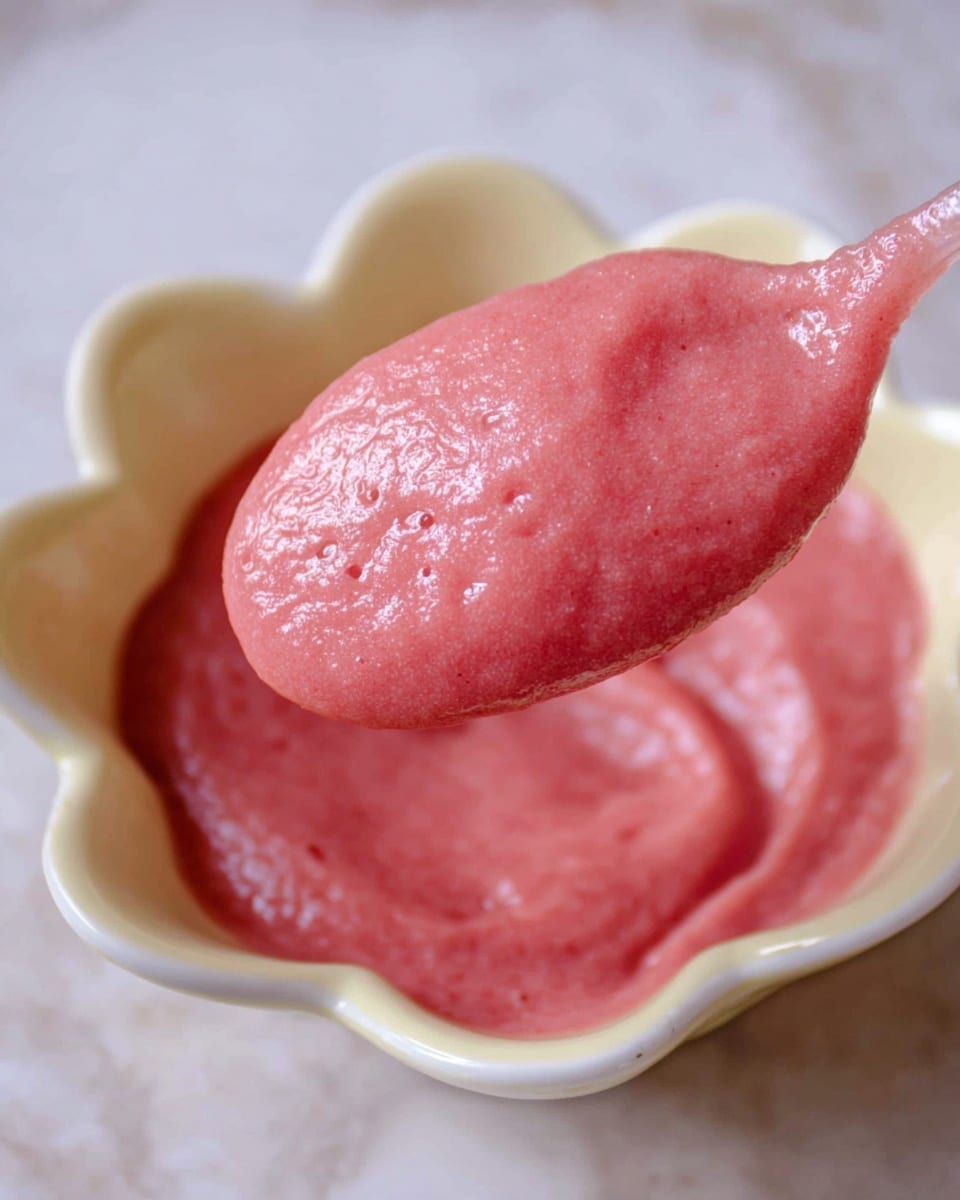 The image shows a close-up of a smooth, thick pink sauce or puree with a slightly shiny, textured surface resting inside a white flower-shaped bowl. A spoon, held by a woman's hand, is lifting the sauce out of the bowl, showing its dense and creamy consistency with small bubbles and a glossy finish. The background is a white marbled surface that softly contrasts with the vibrant pink color of the sauce and the pale color of the bowl. photo taken with an iphone --ar 4:5 --v 7