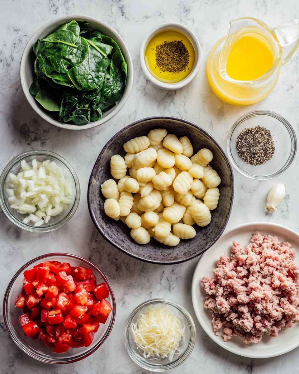 One Pot Sausage Gnocchi Soup Recipe 1 The image shows several ingredients arranged on a white marbled surface, including a small white bowl of leafy green spinach in the top left, a small glass jug with yellow olive oil next to it, and a small dark bowl filled with black pepper beside the oil. In the center is a dark bowl filled with white gnocchi, which have a soft, pillowy texture and a slightly uneven shape. To the right bottom corner is a white plate holding crumbled light pink ground meat. Below the gnocchi is a clear small bowl with chopped white onions, and next to it on the left is a similar small white bowl with bright red diced tomatoes. Above the tomatoes is a tiny clear bowl with finely chopped garlic. On the far right is a glass jug filled with light yellow broth, the whole scene set on a white marbled surface. photo taken with an iphone --ar 4:5 --v 7