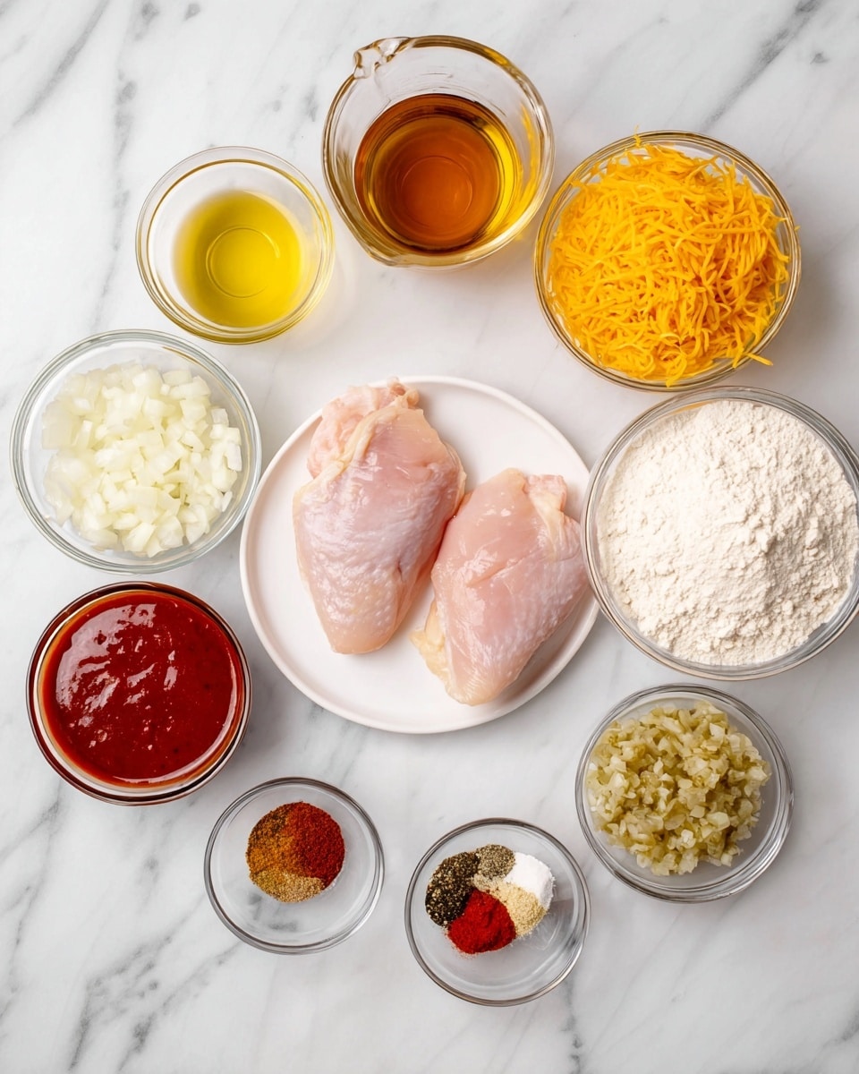 The image shows several small clear glass bowls and one white plate arranged on a white marbled surface. The center has a white plate with two raw pink chicken pieces. Around the plate, there is a bowl of bright orange shredded cheese on the right, a bowl of white flour below it, and a small bowl of deep red sauce below the flour. Above the plate, there is a larger clear glass container with a golden brown liquid, and to its left, a small bowl of light yellow olive oil and a bowl of chopped white onions. To the right of the oil, there is a bowl of chunky greenish relish. Below the chopped onions, there is minced yellow garlic, and below the garlic, a bowl with different colored spices including red, black, and brown powders mixed together. photo taken with an iphone --ar 4:5 --v 7