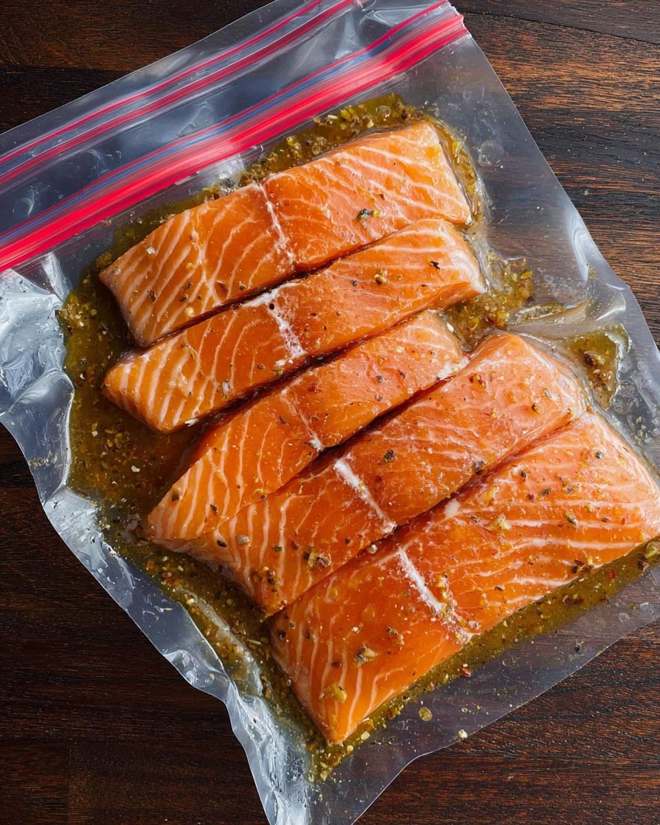 The image shows a clear plastic ziplock bag lying flat on a dark wooden surface, filled with four pieces of raw salmon fillets. The salmon is bright orange with white lines running through each fillet, and it is coated in a shiny marinade with visible small bits of seasoning, like pepper and garlic. The marinade pools around the fish, giving a wet and glossy texture to the fillets inside the bag. The edges of the plastic bag have red ziplock seals, and the top of the bag is folded slightly. photo taken with an iphone --ar 4:5 --v 7