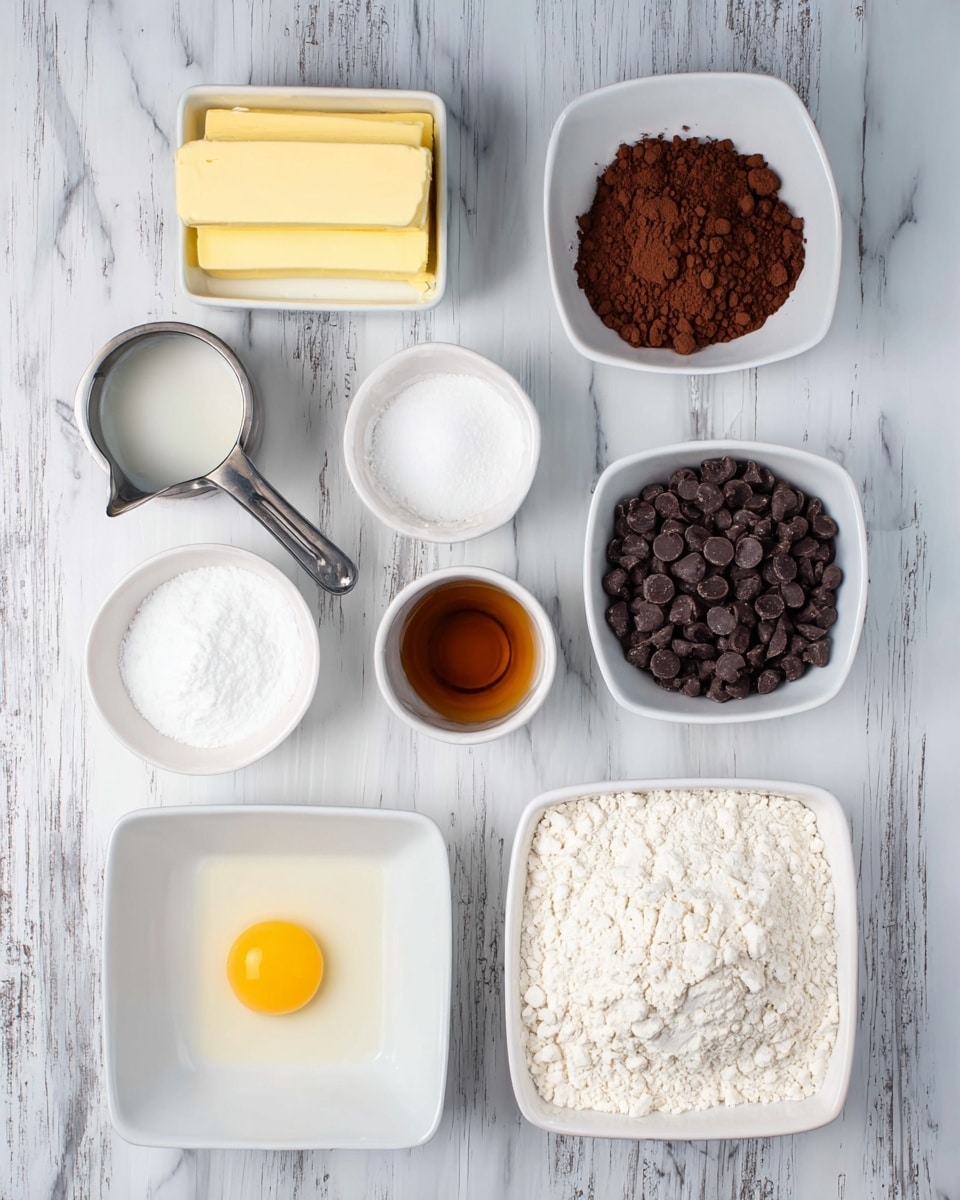 The image shows nine containers with baking ingredients arranged neatly on a white marbled surface. On the top left, a silver measuring cup holds yellow butter, next to a small white square bowl with a white liquid. To the top right, another white square bowl is filled with brown cocoa powder. Below the butter, a larger white bowl is full of dark chocolate chips. Nearby, a small white bowl holds an amber liquid, and a silver measuring cup contains a white powdery substance. At the bottom left, a small white bowl holds a raw egg with a bright yellow yolk, next to another small white bowl filled with white granulated sugar. Finally, a large white square dish at the bottom right contains white flour. The whole setup is clean and minimal on the white marbled surface photo taken with an iphone --ar 4:5 --v 7