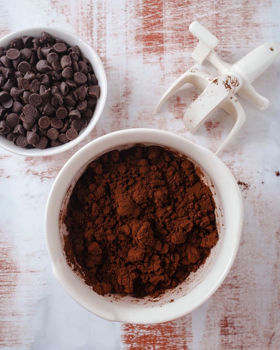The image shows a white bowl filled with dark brown cocoa powder, which looks thick and dense, taking up most of the frame's lower center. Behind this bowl, slightly to the left, is a smaller white bowl filled with many small, dark chocolate chips, creating a textured layer. To the right of the smaller bowl, there is a white mixer blade with some cocoa powder stuck on it, resting on a white marbled wooden surface that has some faded reddish-brown markings. The overall look highlights rich chocolate ingredients ready for mixing. photo taken with an iphone --ar 4:5 --v 7