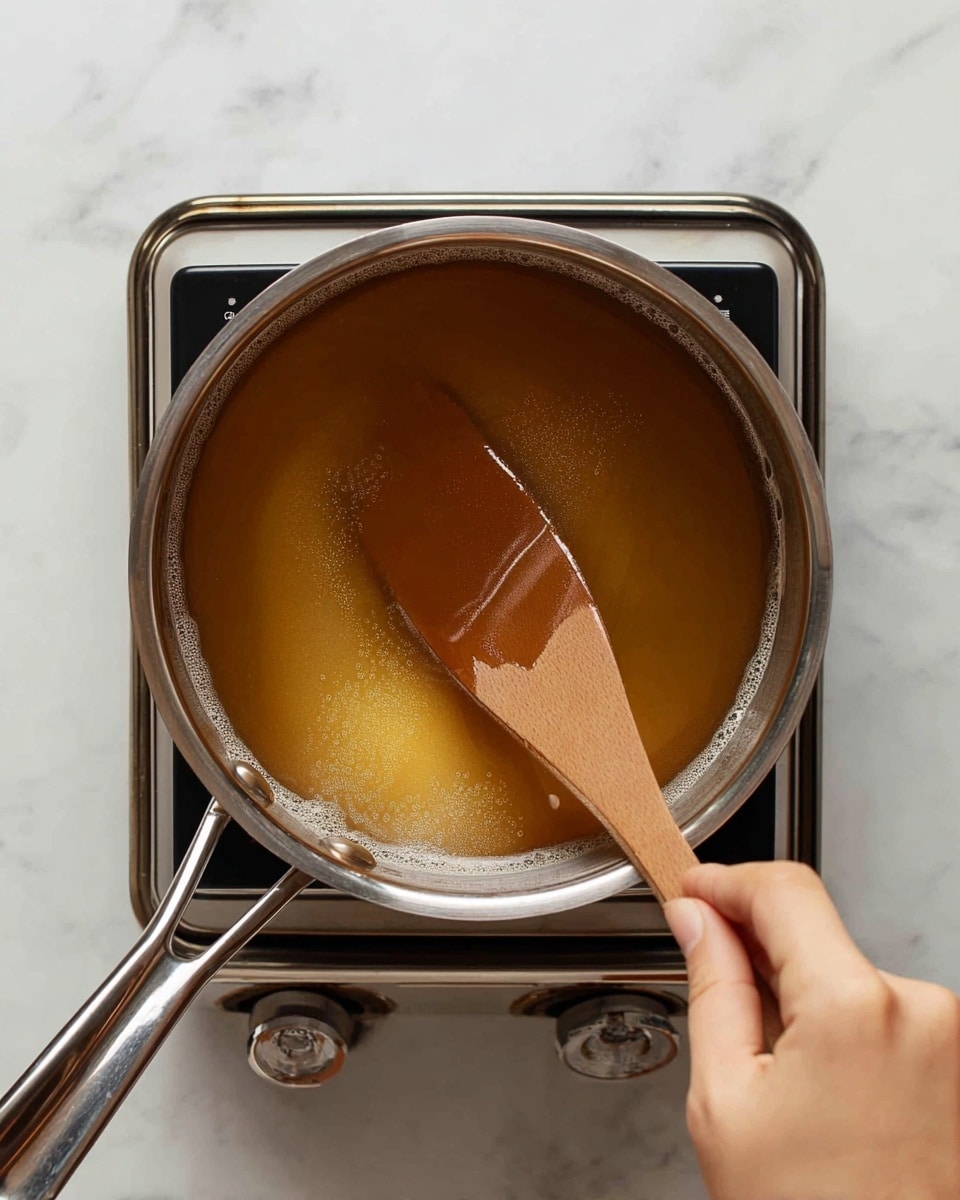 A close-up top view shows a metal pot with a shiny silver handle, filled with a golden brown liquid inside. A woman's hand holds a wooden spatula stirring the liquid gently. The pot sits on a metal stove burner, and the surface underneath is a white marbled texture. The image focuses on the smooth, reflective surface of the liquid and the simple action of stirring. photo taken with an iphone --ar 4:5 --v 7