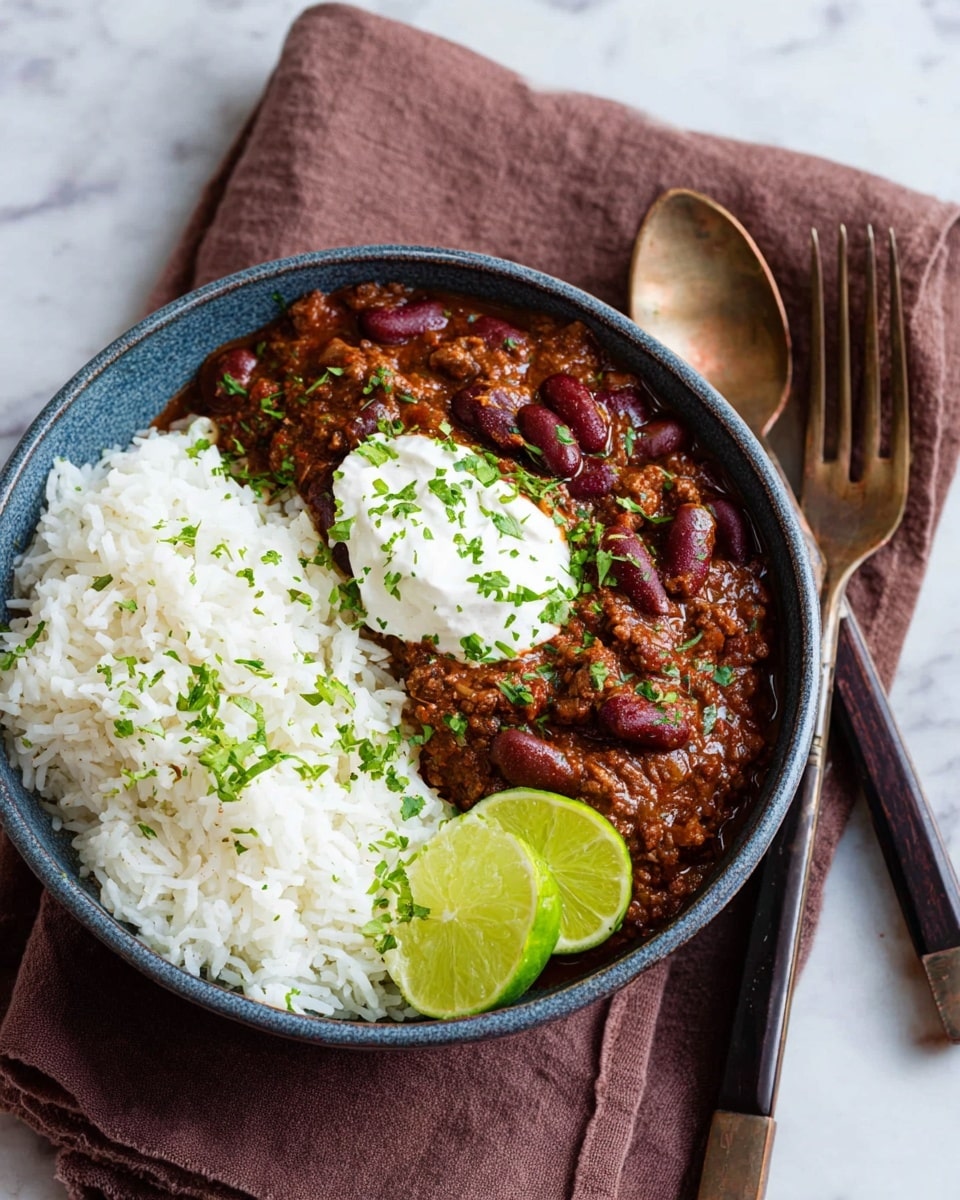 A round blue bowl holds two layers: on the left, white fluffy rice with a soft texture, and on the right, a thick dark brown chili layer with visible kidney beans and meat pieces. A dollop of white sour cream sits on top of the chili, sprinkled with chopped green herbs. Three bright green lime wedges rest at the bottom edge of the chili. The bowl is placed on a soft brown cloth, on a white marbled surface. Next to the bowl, there is a bronze spoon and fork with dark handles. Photo taken with an iphone --ar 4:5 --v 7