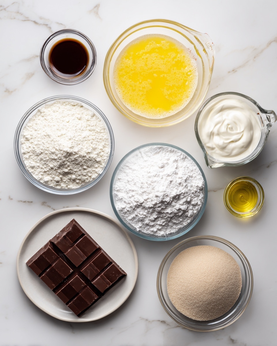 The image shows eight ingredients laid out on a white marbled surface. Starting from the top left, there is a small round bowl with vanilla extract that is dark brown in color. Below it is a clear glass bowl with beaten egg, showing a bright yellow color with bubbles. To the right of the vanilla bowl, there is a glass measuring cup filled with heavy cream that is white and smooth. Below the egg, there is a small glass bowl with white baking powder and soda powder. In the center, a medium-sized clear glass bowl holds white flour with a powdery texture. On the right side of the flour bowl, there is a small round clear bowl with light brown sugar that looks grainy. At the bottom left, a white plate holds an unwrapped chocolate bar with dark brown squares on top of a partially gold wrapper. Finally, at the bottom right is a small clear bowl containing clear cooking oil. All the containers and the plate are placed neatly with visible text labels above or on each ingredient. Photo taken with an iphone --ar 4:5 --v 7