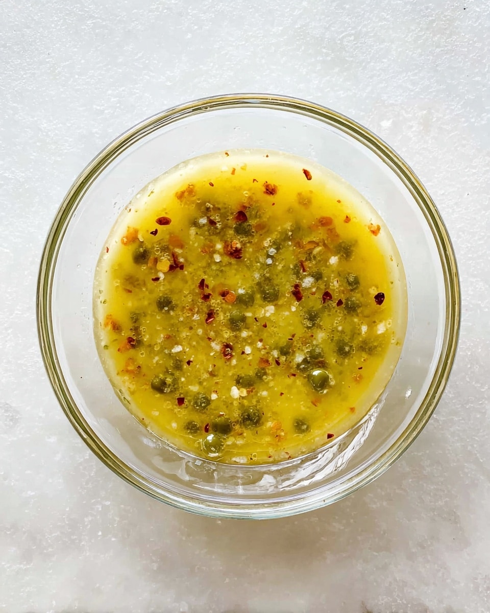 A clear glass bowl sits centered on a white marbled surface, holding a single layer of a chunky sauce or dressing. The sauce is glossy yellow with small green capers and scattered tiny bits of red pepper flakes evenly spread throughout. The texture looks slightly thick but fluid, showing a mix of smooth liquid and small solid pieces. The bowl edges are clean and the image is taken from a top-down angle. photo taken with an iphone --ar 4:5 --v 7