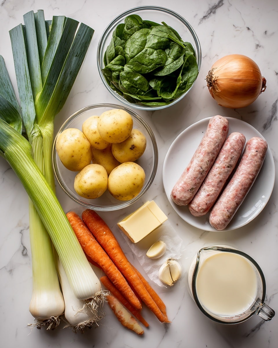 A collection of fresh cooking ingredients is arranged neatly on a white marbled surface. In the middle, a clear glass bowl holds several small yellow potatoes with a smooth texture. Above it, another glass bowl contains fresh baby spinach leaves, dark green and slightly shiny. To the right, three raw Italian sausages with a pinkish color and specks of seasoning sit on a white plate. Near them, a stick of light yellow butter rests next to peeled white garlic cloves. On the left side, two long green leeks with white ends, two bright orange carrots, and a few celery stalks with light green color stretch across the surface. A small round onion with a golden tan skin is placed near a glass measuring cup filled with creamy half & half, white in color, and next to it is another measuring cup filled with brown broth. The ingredients have crisp, fresh textures, laid out clearly and brightly lit. Photo taken with an iphone --ar 4:5 --v 7