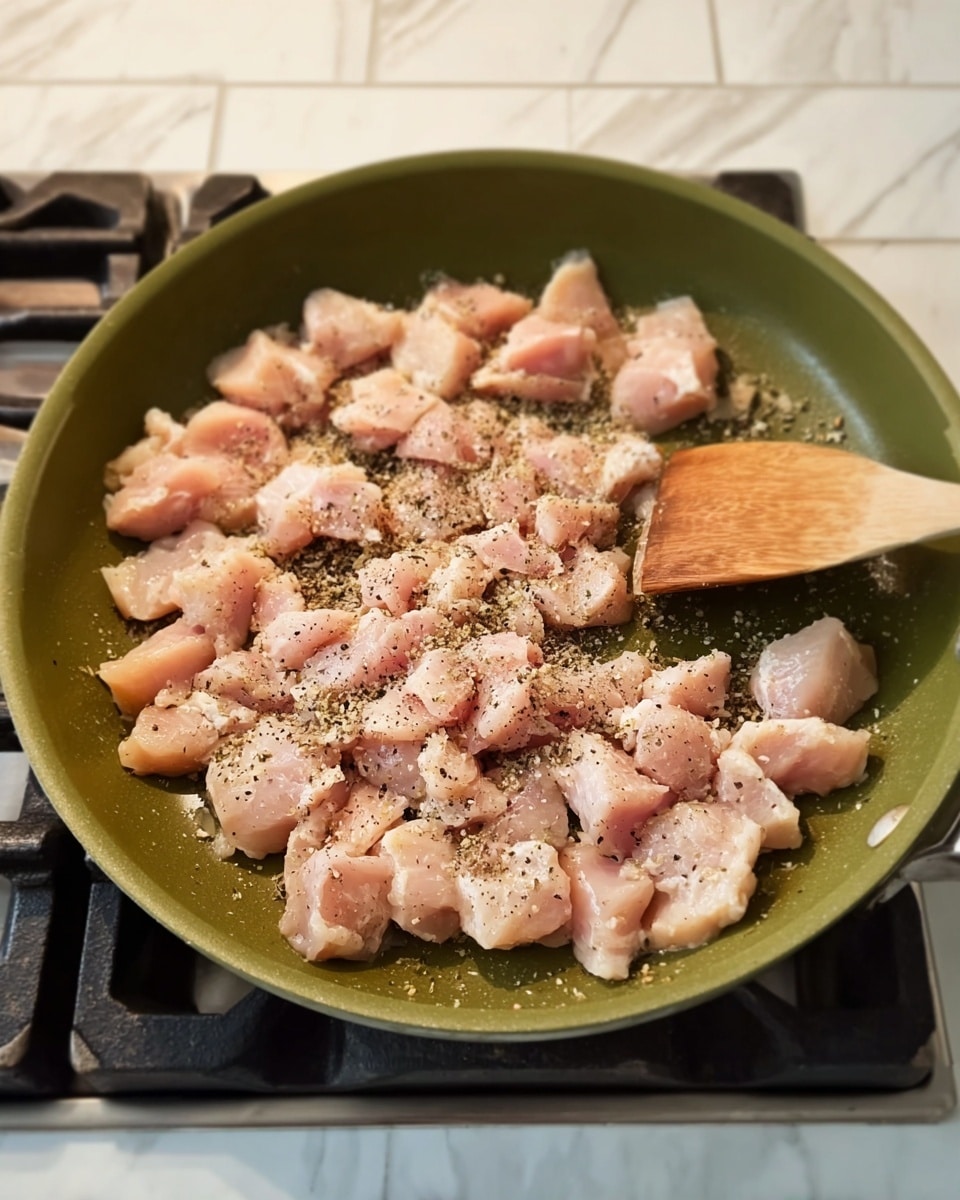 A green frying pan is filled with many small pieces of raw light pink chicken spread evenly. The chicken is sprinkled with black pepper, and a wooden spatula is stirring it on the right side. The pan sits on a stove with dark burners, and the background is made of white tiles. The surface beneath the stove has a white marbled texture photo taken with an iphone --ar 4:5 --v 7