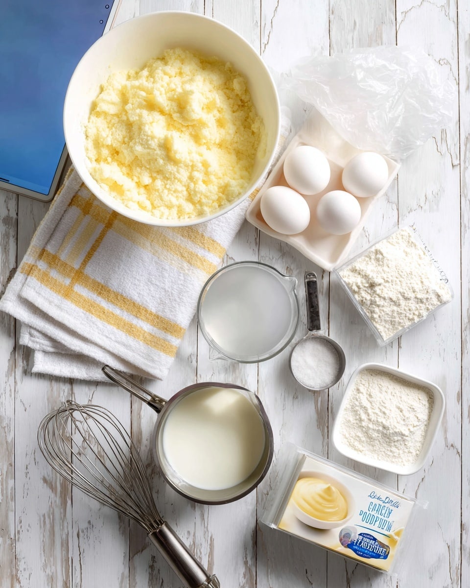 A top view of baking ingredients arranged on a white wooden surface with a white marbled texture visible on the edges; a white bowl filled with a thick, light yellow crushed mixture is on the left, next to a folded white cloth with yellow stripes holding four whole white eggs; below the cloth there is a metal whisk and a half-cup metal measuring cup with clear liquid; a measuring cup filled with white liquid is placed near the bottom right; a small square white bowl contains a plastic bag with white powder on the top right, next to a small box of vanilla instant pudding with an image of creamy yellow pudding on it, and a white one-cup measuring cup with white powder inside; the edge of a tablet with a blue screen is partially visible in the top left corner; photo taken with an iphone --ar 4:5 --v 7