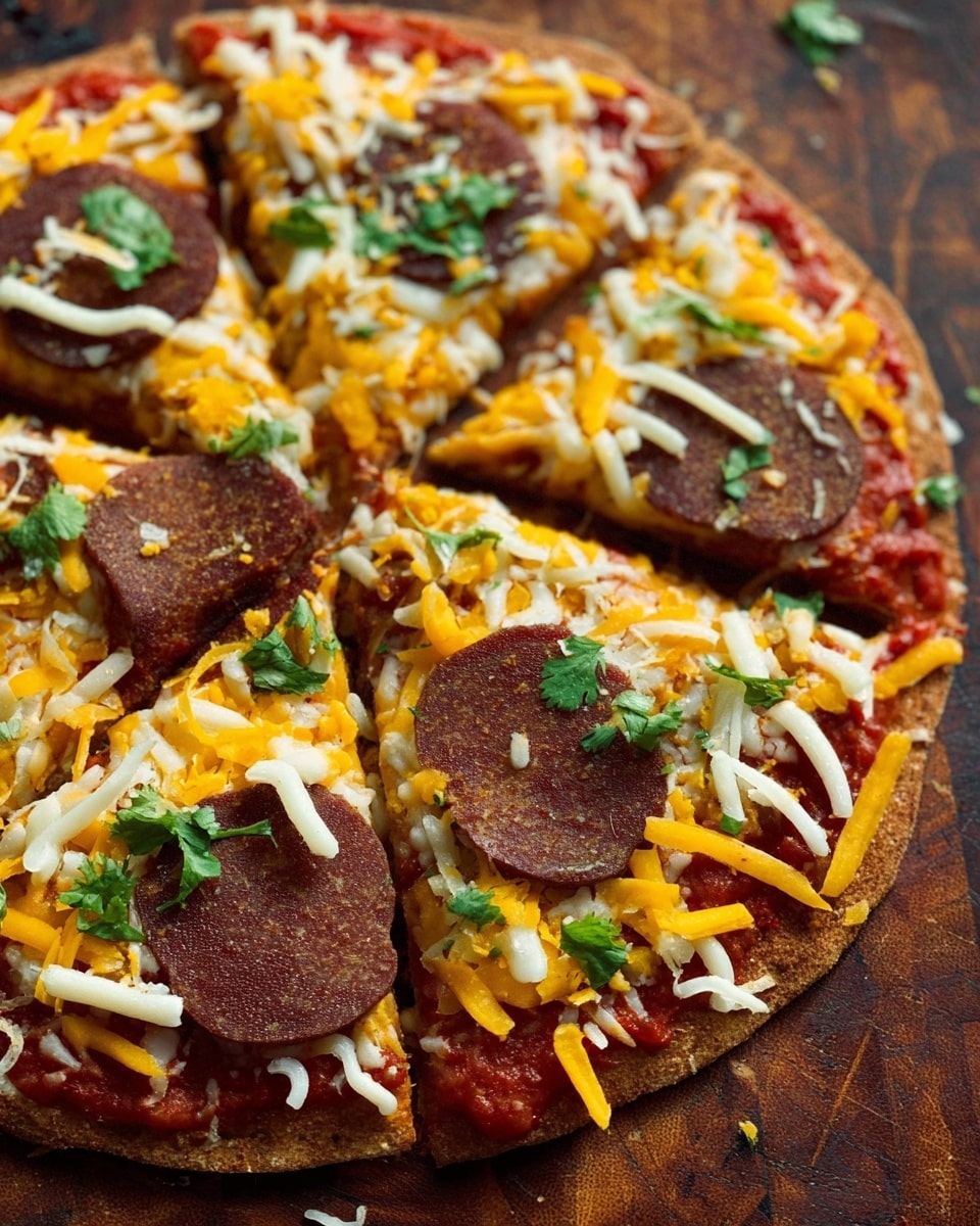 The image shows a close-up of a pizza on a wooden surface. The pizza has one thin, light brown crust layer with a bright red tomato sauce spread evenly across it. On top, there are several large, round slices of dark brown vegan pepperoni scattered across the pizza. Shredded cheeses in two colors and textures cover the pepperoni and sauce: melted yellow cheddar and white mozzarella, with some parts slightly browned. Small green cilantro leaves are spread over the pizza, adding touches of green. The pizza looks freshly baked with texture showing in the melted cheese and crispy edges. Photo taken with an iphone --ar 4:5 --v 7