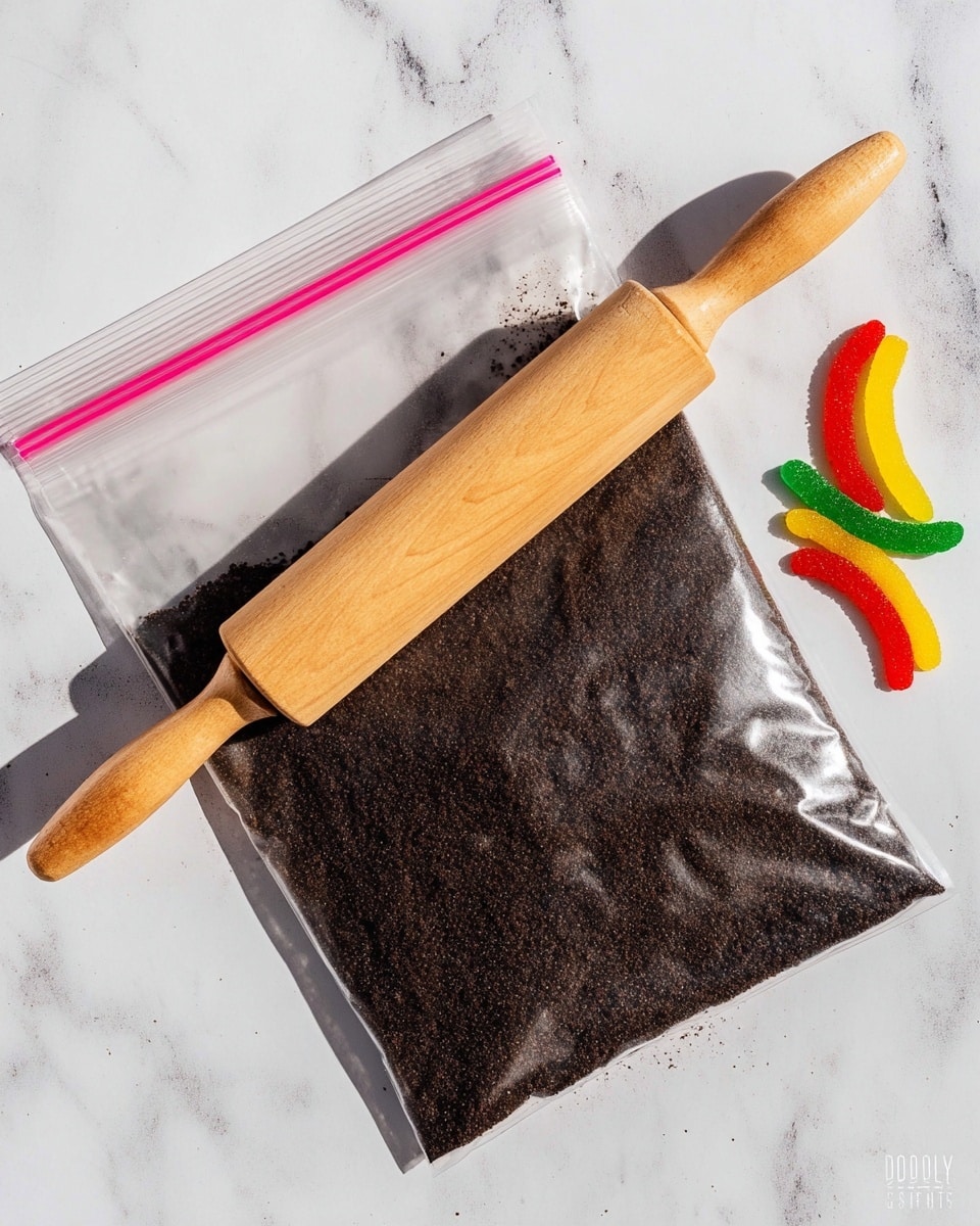A clear plastic bag filled with dark crushed cookie crumbs lies flat on a white marbled surface, partially sealed with a pink zipper. A wooden rolling pin with light brown handles rests diagonally across the top of the bag, pressing down slightly on the crumbs. Nearby, three colorful gummy worms in red, green, and yellow colors are scattered casually on the surface. The lighting highlights the texture of the cookie crumbs and the smooth wood of the rolling pin. Photo taken with an iphone --ar 4:5 --v 7