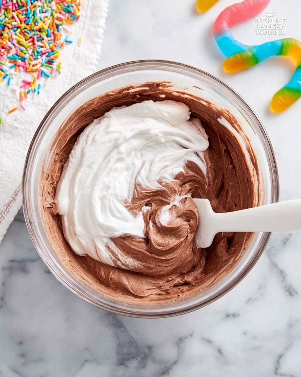 A clear glass bowl sits on a white marbled surface, holding a mixture of two layers. The base layer is thick and creamy chocolate brown with a smooth, rich texture. On top is a fluffy, bright white layer, softly folded into the chocolate mixture, creating a swirl effect where the two colors meet. A white spatula is inserted into the bowl, gently blending the layers together. Nearby, colorful gummy worms rest on the surface next to a white cloth with pink, yellow, green, and blue sprinkles pattern. The overall scene is clean and bright. photo taken with an iphone --ar 4:5 --v 7