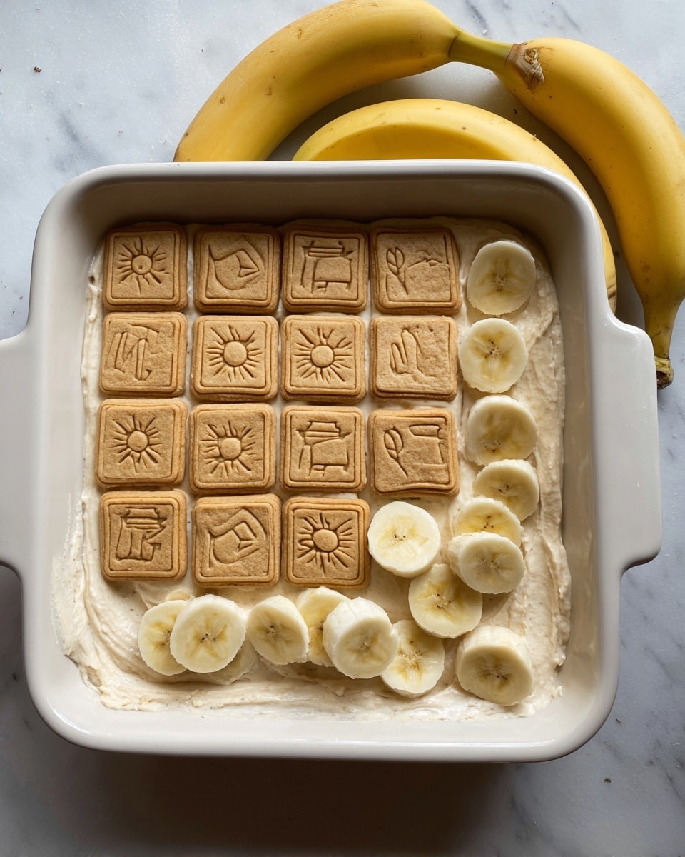 A white rectangular baking dish filled with three layers can be seen from above. The bottom layer is a light beige creamy mixture spread evenly inside the dish. On top of this, there is a layer of square cookies with light brown edges and slightly darker center designs, showing symbols like a sun, leaf, and airplane. The cookies are arranged neatly to cover most of the creamy base. The third layer has sliced bananas with pale yellow soft circles scattered over the bottom right corner and some overlapping onto the cookies. Next to the baking dish, a couple of yellow bananas rest on a white marbled surface. Photo taken with an iphone --ar 4:5 --v 7
