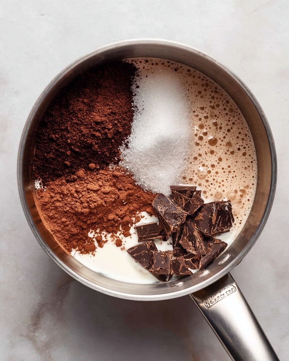 A silver metal pot sits on a white marbled surface, filled with four distinct layers of ingredients. In the top left is a heap of dark brown cocoa powder with a dry, powdery texture. Below it is a mound of white granulated sugar with small, glistening grains. To the right of the sugar is a puddle of white cream with a smooth, liquid texture. Above the cream and spreading to the top right is a light brown, foamy mixture with small bubbles and darker powder spots. Scattered over the cream and foam on the right side are chunks of dark chocolate with rough, jagged edges. The pot handle is partially visible on the right. photo taken with an iphone --ar 4:5 --v 7